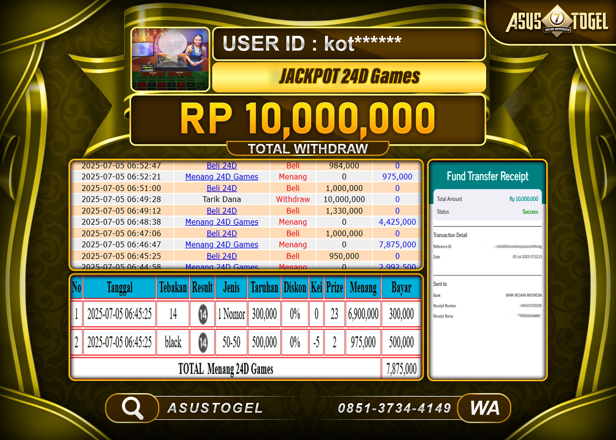 ASUSTOGEL KEMENANGAN DI LIVE GAMES 24D SPIN SEBESAR 10,000,000- RUPIAH LUNAS
