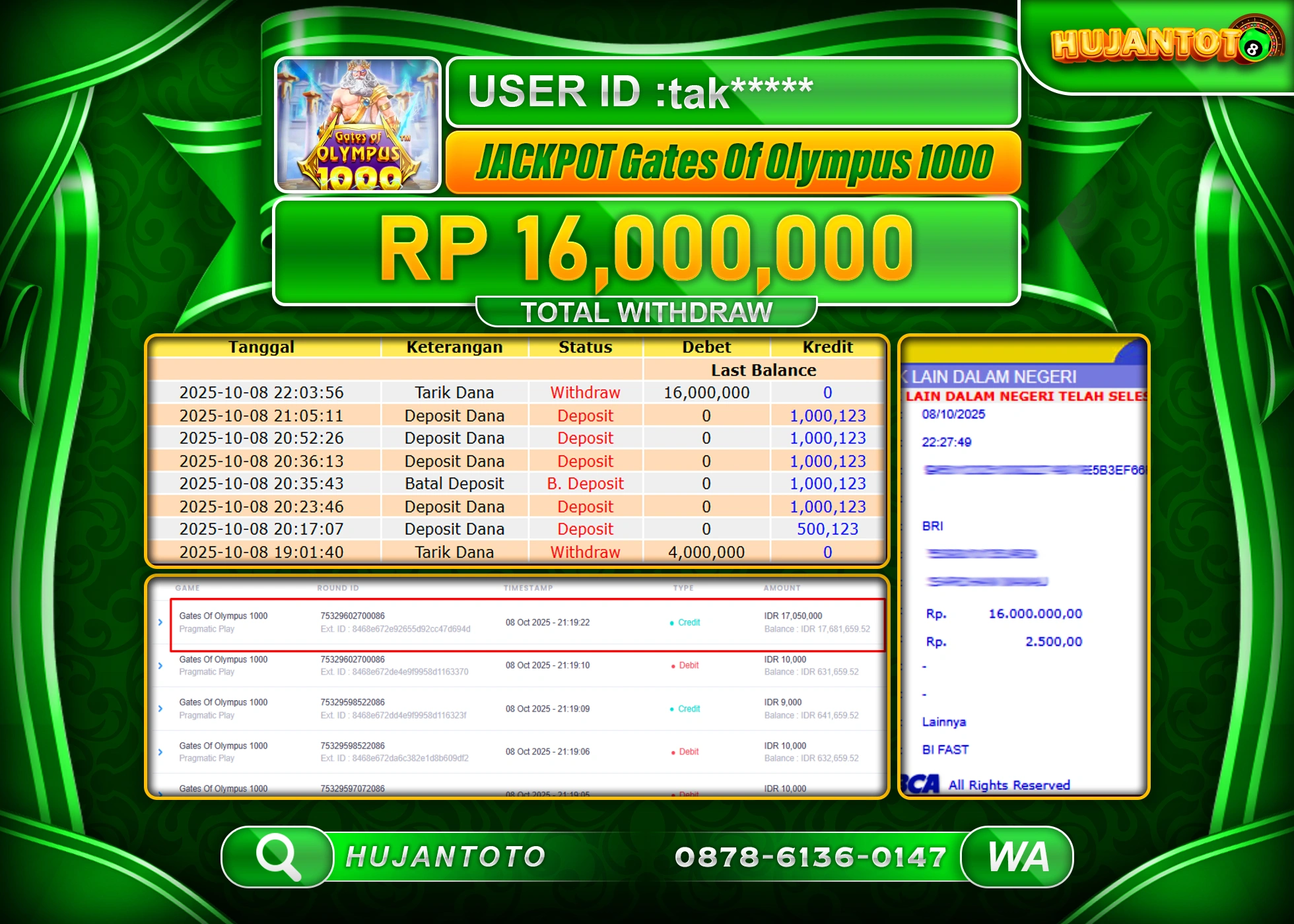 HUJANTOTO - BUKTI JACKPOT MENANG SLOT GATES OF OLYMPUS 1000 Rp.16,000,000 - TERBAYAR LUNAS