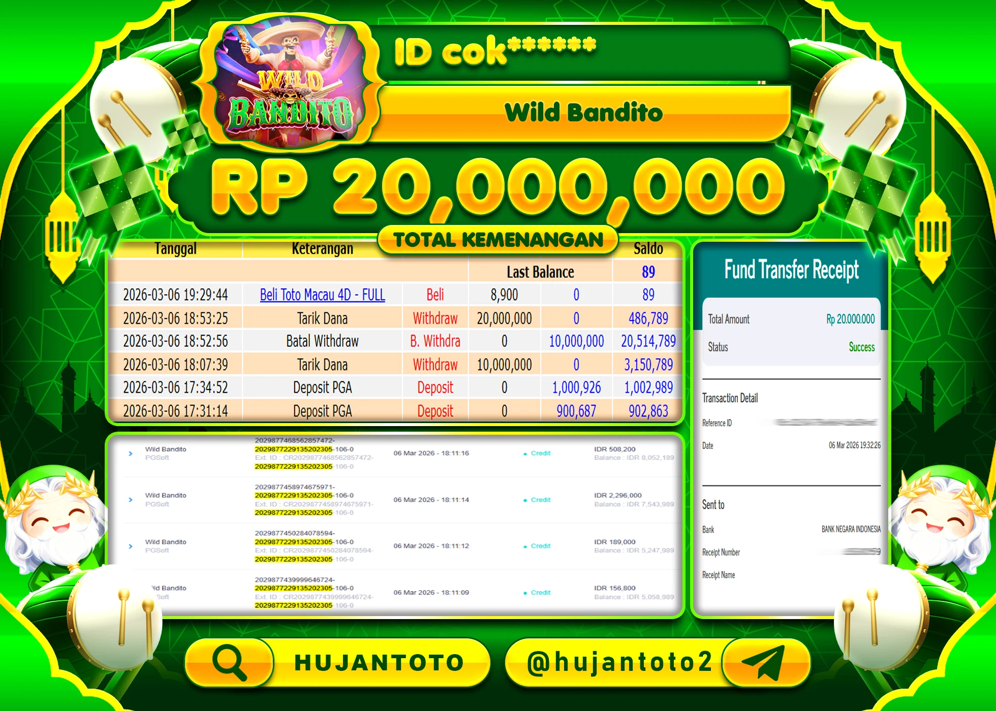 HUJANTOTO - BUKTI JACKPOT MENANG SLOT WILD BANDITO Rp.20,000,000 - TERBAYAR LUNAS