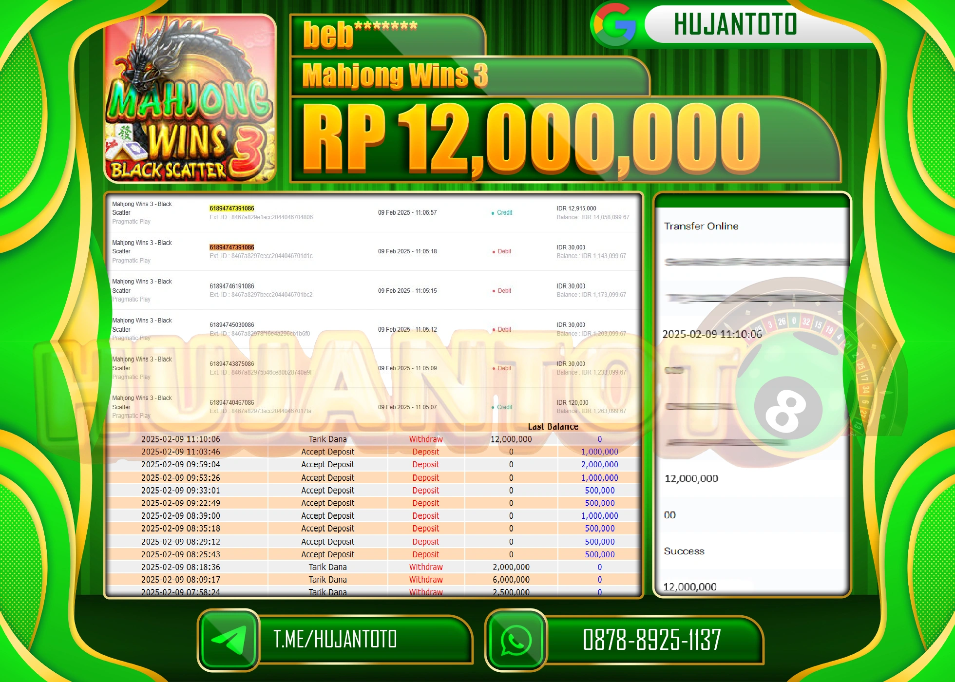 HUJANTOTO - BUKTI JACKPOT MENANG SLOT MAHJONG WINS 3  Rp, 12,000,000 - TERBAYAR LUNAS