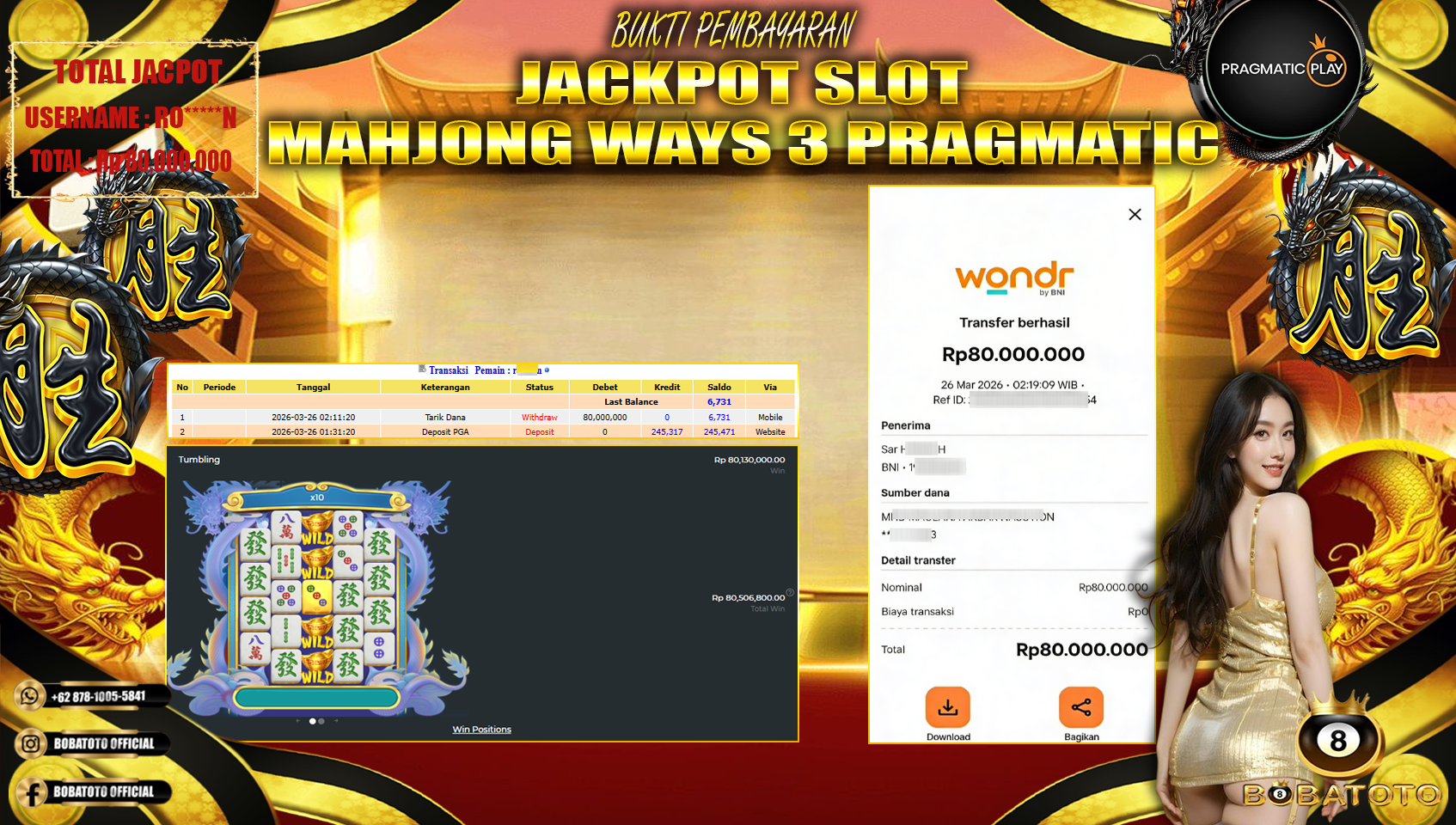 BOBATOTO JACKPOT SLOT MAHJONG WAYS 3 PRAGMATIC Rp.80,000,000,- LUNAS!!
