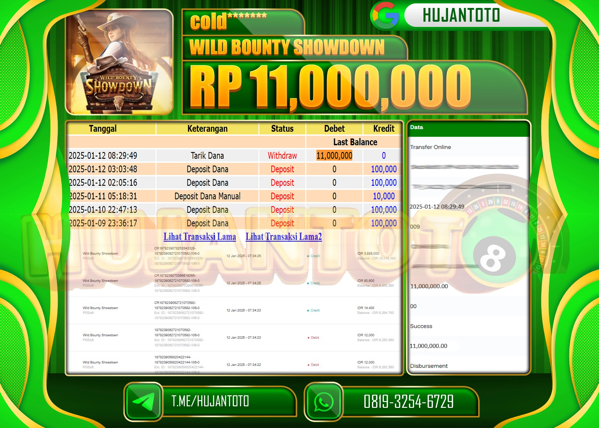 HUJANTOTO - BUKTI JACKPOT DI PERMAINAN SLOT WILD BOUNTY SHOWDOWN  Rp. 11,000,000 - TERBAYAR LUNAS