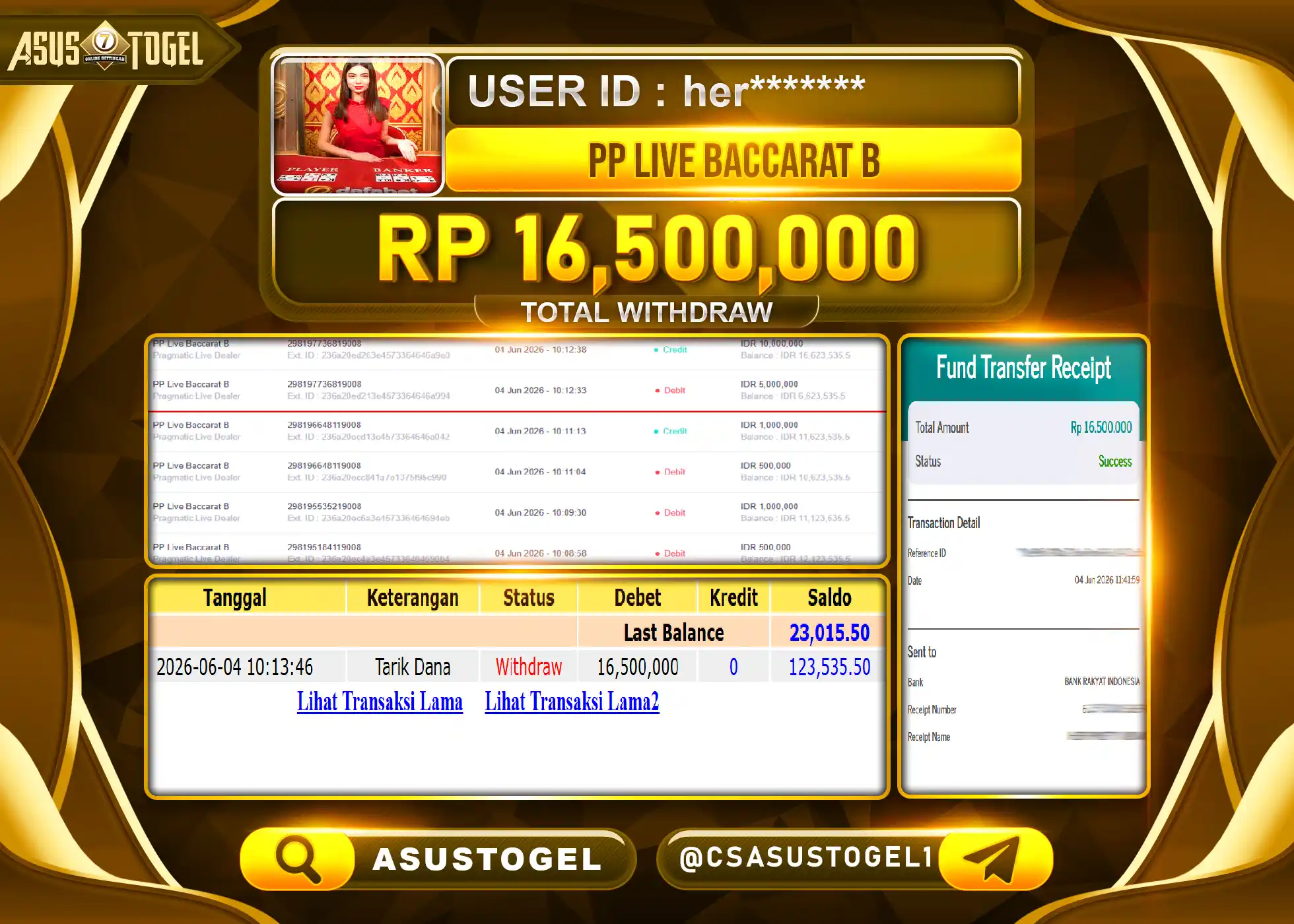 ASUSTOGEL KEMENANGAN JACKPOT PERMAINAN  PP LIVE BACCARAT B Rp.16,500,000 - RUPIAH LUNAS