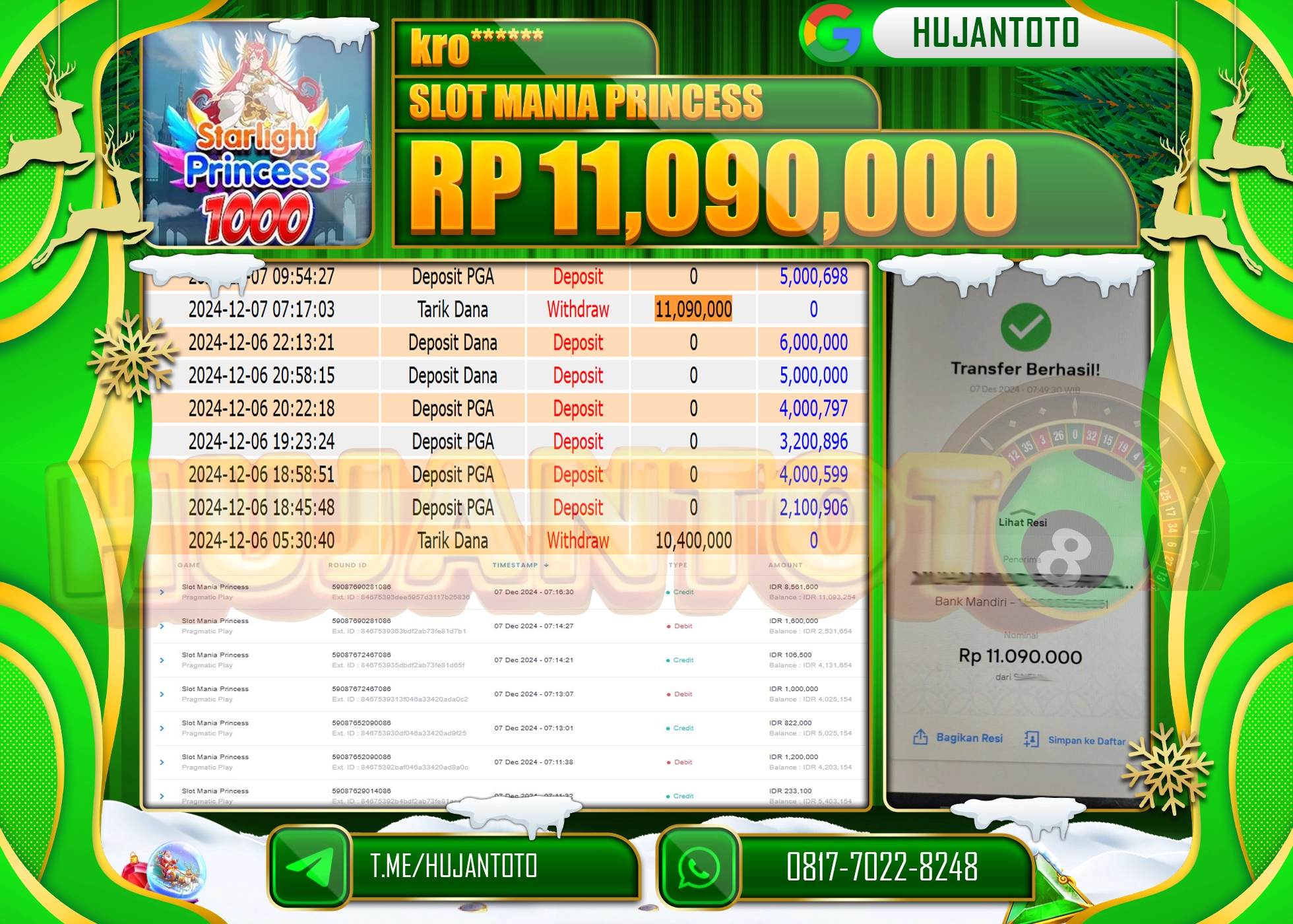 HUJANTOTO ATAS KEMENANGAN BESAR YANG  DI RAIH DI PERMAINAN SLOT MANIA PRINCESS SEBESAR 11,090,000 - TERBAYAR LUNAS 