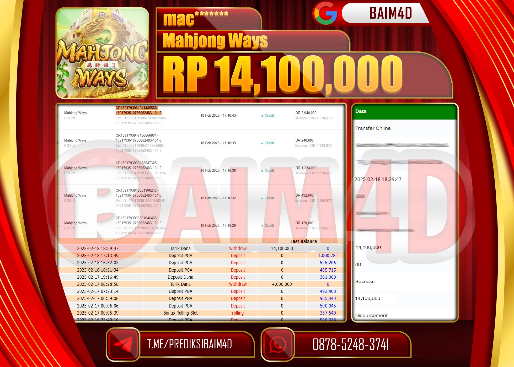 BAIM4D JACKPOT MAHJONG WAYS  Rp.14.100,000.- LUNAS