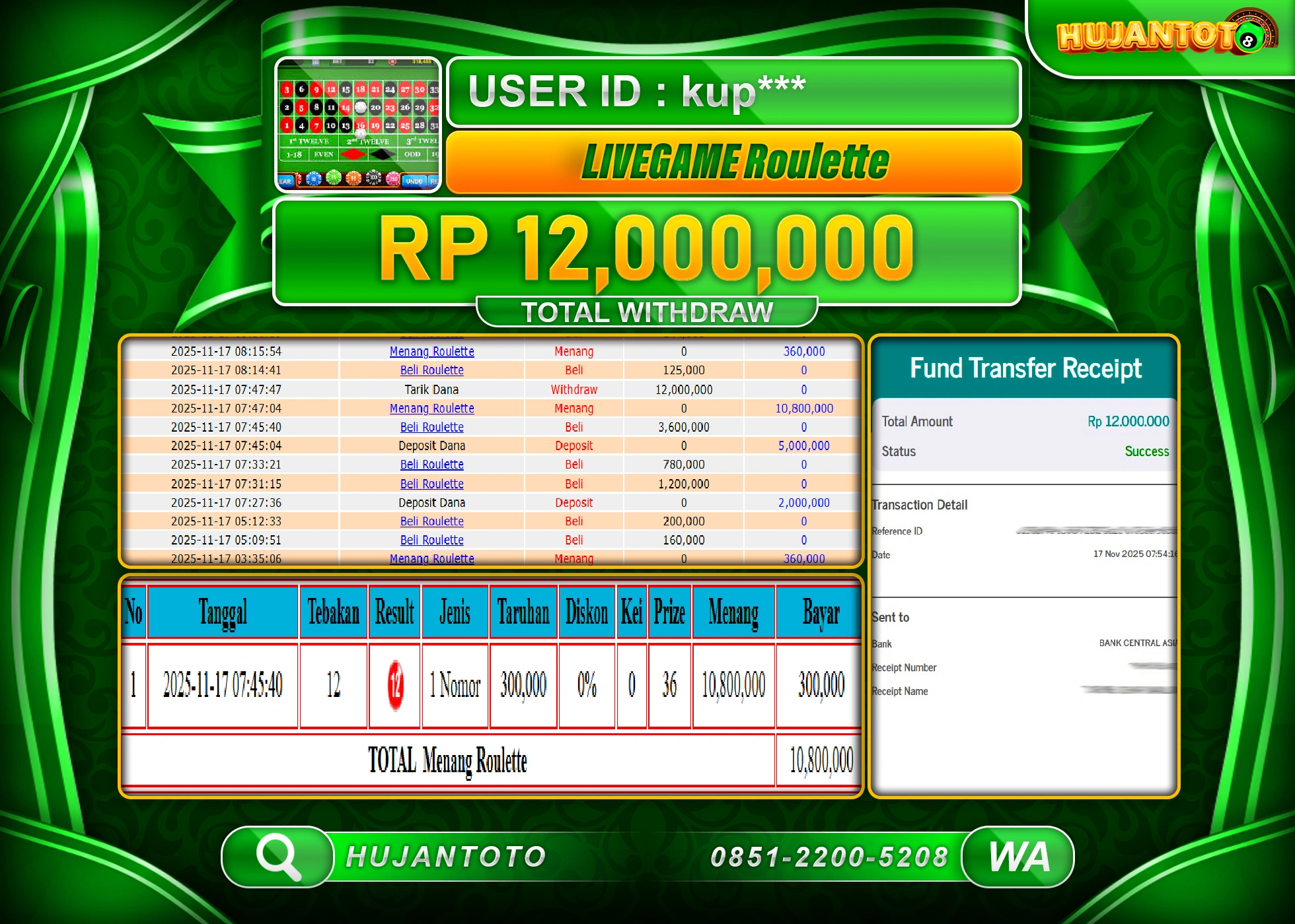 HUJANTOTO - BUKTI JACKPOT MENANG LIVEGAME ROULLATE GAMES Rp.12,000,000 - TERBAYAR LUNAS