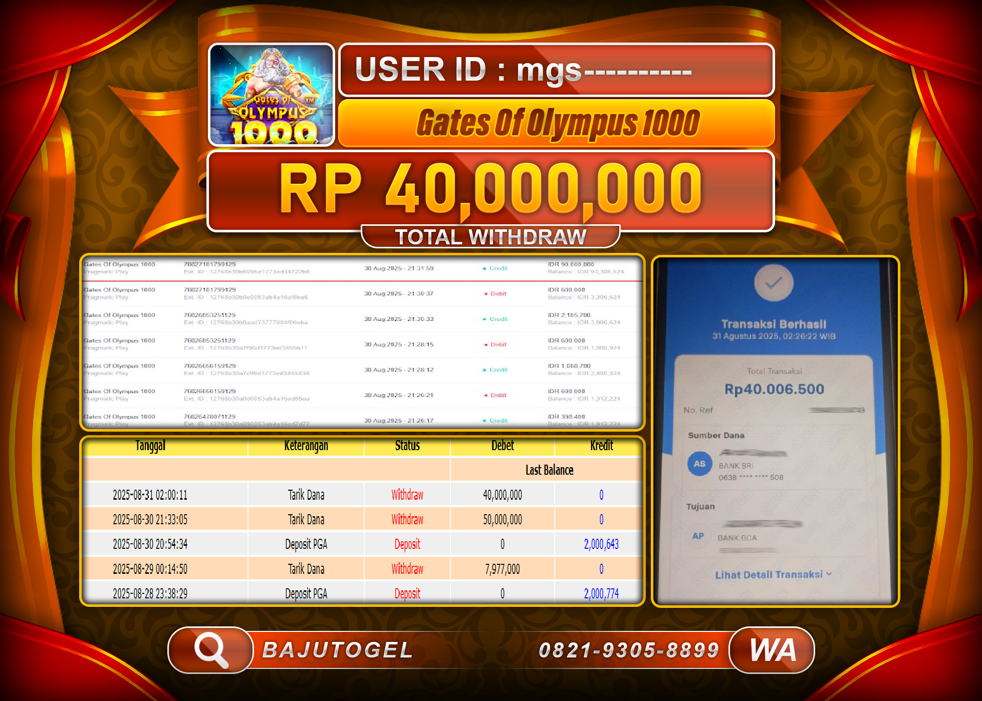 BAJUTOGEL KEMENANGAN GATES OF OLYMPUS 1000 Rp.40.000.000 LUNAS