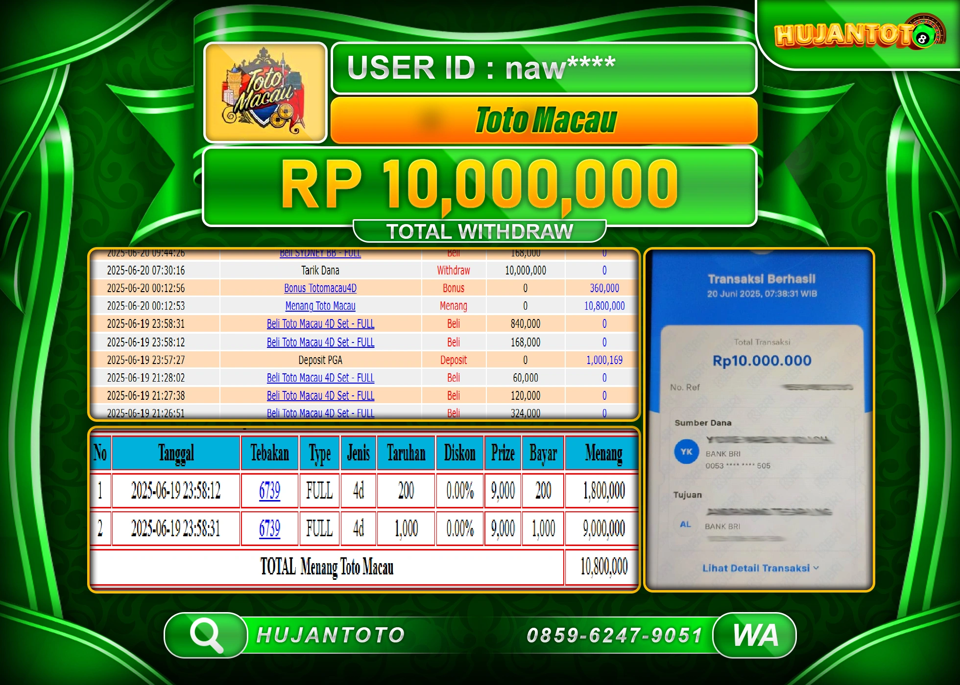 HUJANTOTO - BUKTI JACKPOT MENANG TOGEL TOTO MACAU 4D  Rp.10,000,000 - TERBAYAR LUNAS