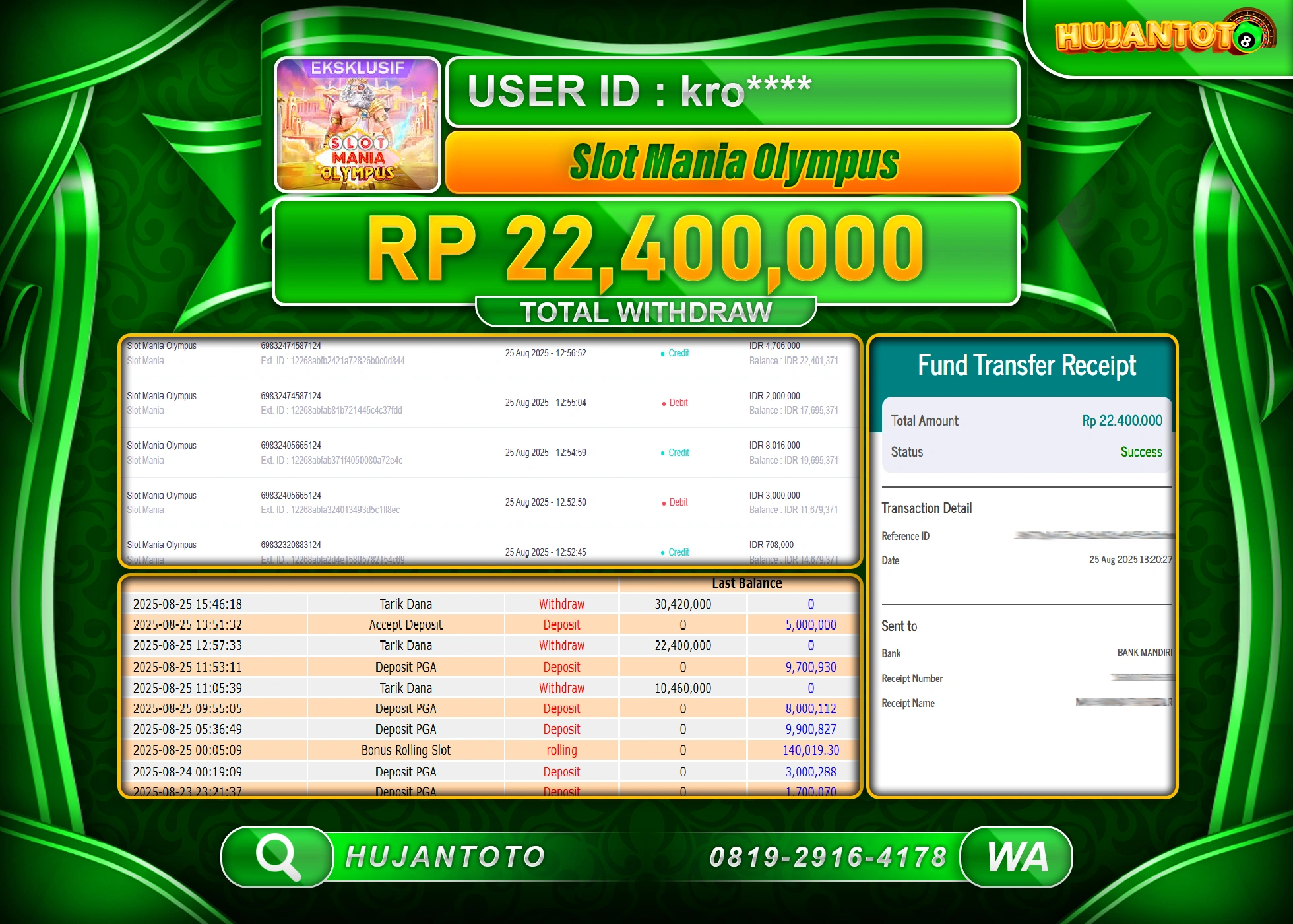 HUJANTOTO - BUKTI JACKPOT MENANG SLOT MANIA OLYMPUS Rp.22,400,000 - TERBAYAR LUNAS
