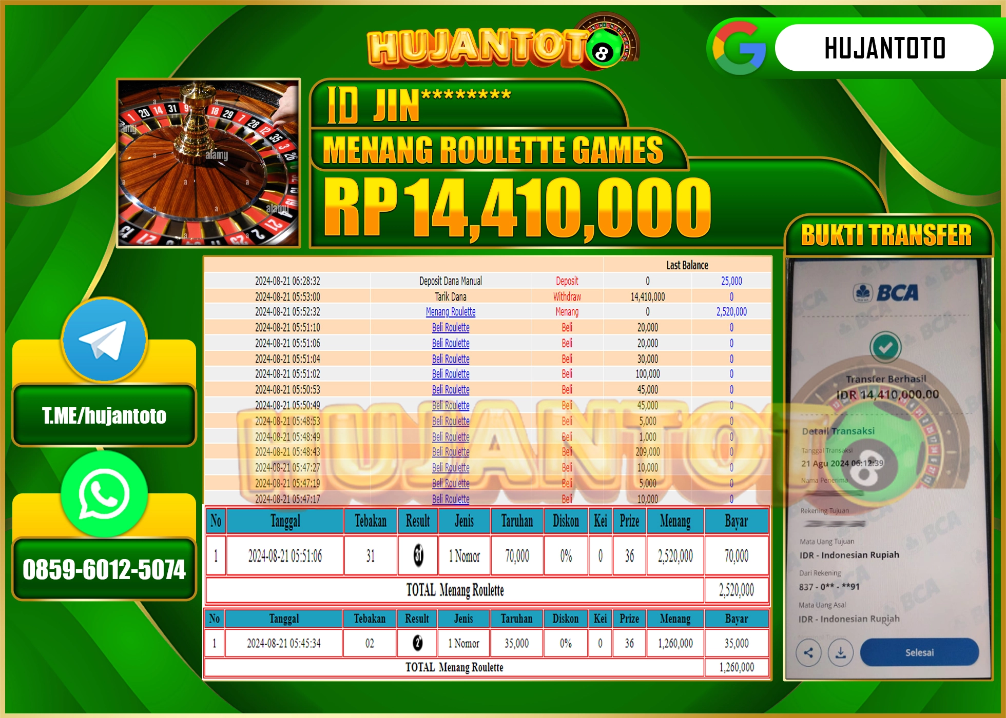 HUJANTOTO MENANG BESAR DI PERMAINAN LIVEGAME ROULETTE 14.410.000 - LUNAS 