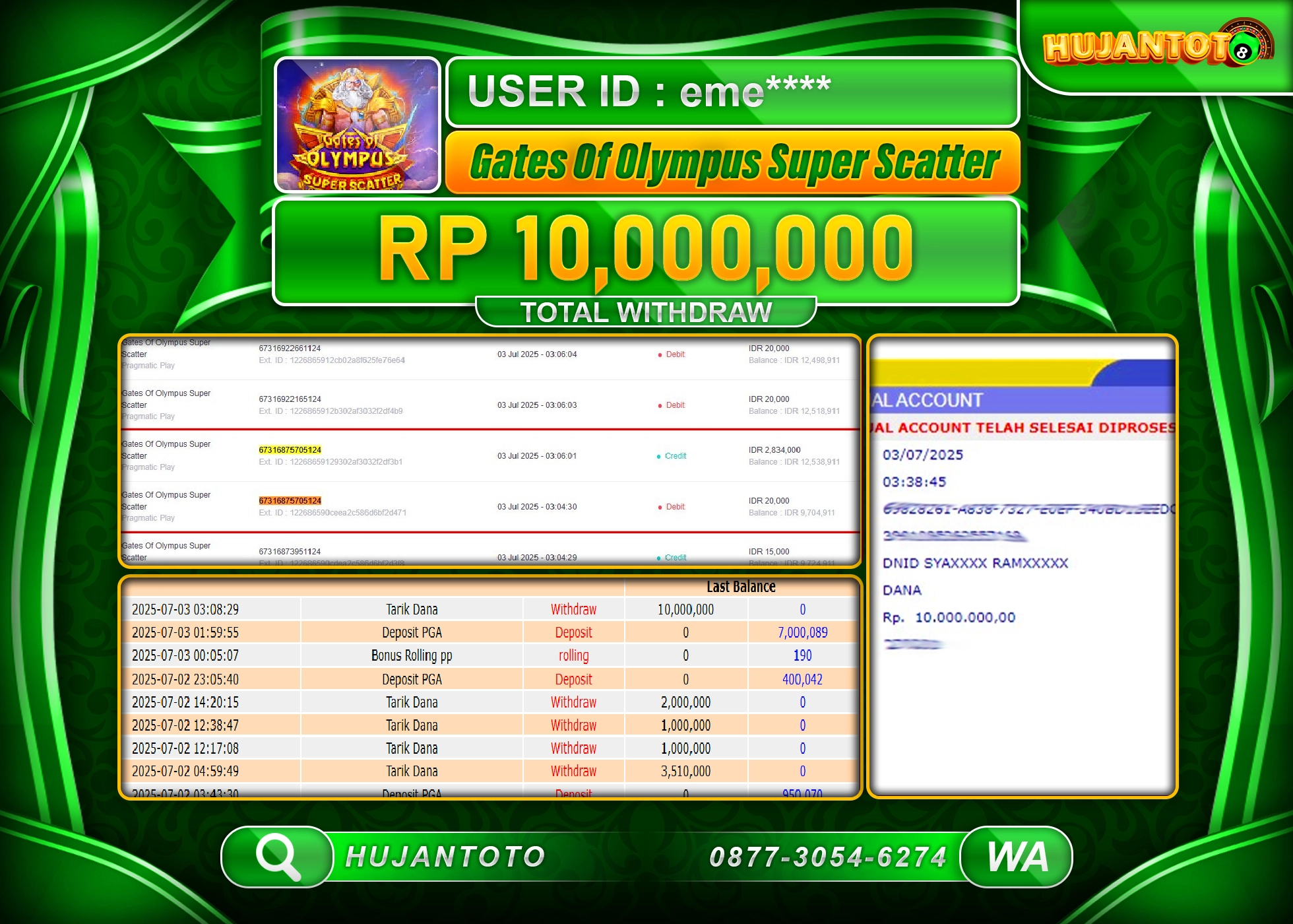HUJANTOTO - BUKTI JACKPOT SLOT GATES OF OLYMPUS SUPER SCATTER Rp.10,000,000 -TERBAYAR LUNAS