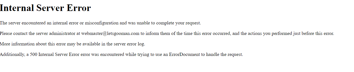 Internal Server Error. Server Error occurred. Error 12 internal error
