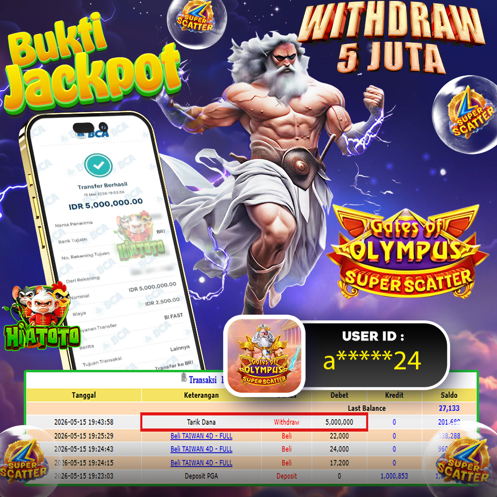 𝗛𝗜𝗔𝗧𝗢𝗧𝗢 𝗝𝗔𝗖𝗞𝗣𝗢𝗧!!! 𝗠𝗘𝗡𝗔𝗡𝗚 𝗕𝗘𝗦𝗔𝗥 𝗢𝗟𝗬𝗠𝗣𝗨𝗦 𝗦𝗨𝗣𝗘𝗥 𝗦𝗖𝗔𝗧𝗧𝗘𝗥  𝗦𝗲𝗯𝗲𝘀𝗮𝗿 𝗥𝗽 5.000.000 𝗝𝘂𝘁𝗮 𝗗𝗶 𝗕𝗮𝘆𝗮𝗿 𝗟𝘂𝗻𝗮𝘀!