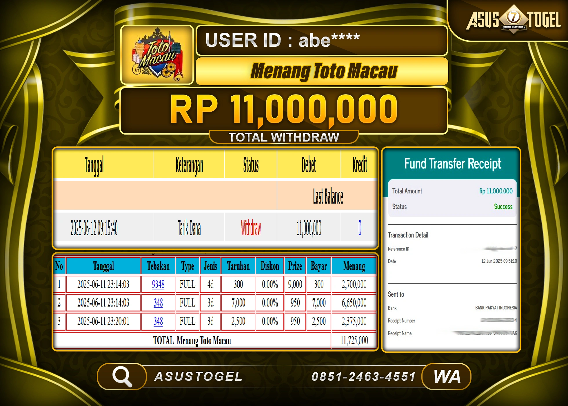 ASUSTOGEL KEMENANGAN DI TOGEL TOTO MACAU SEBESAR 11,000,000- RUPIAH LUNAS