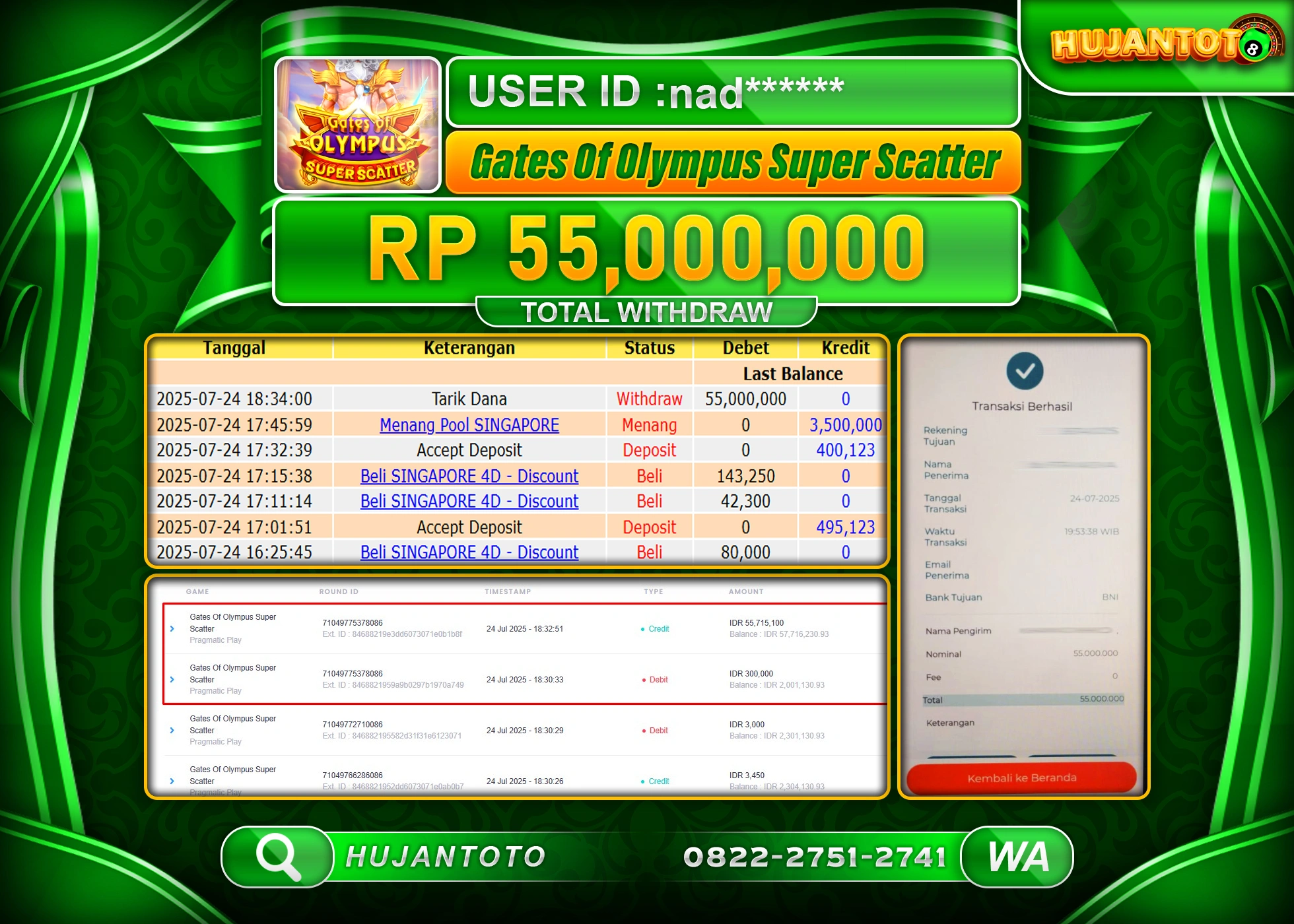 HUJANTOTO - BUKTI JACKPOT MENANG SLOT GATES OF OLYMPUS SUPER SCATTER Rp.55,000,000 - TERBAYAR LUNAS
