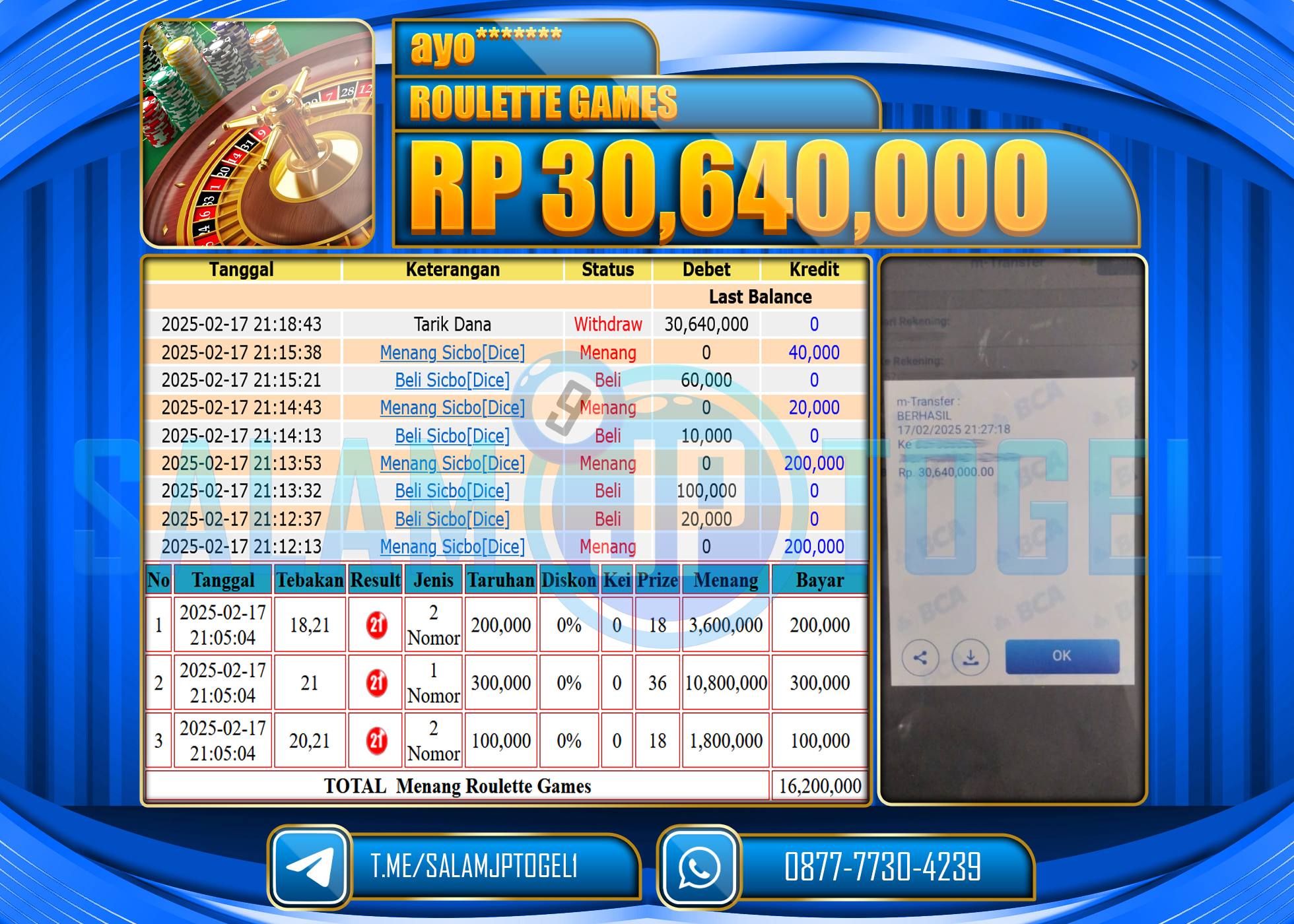 SALAMJPTOGEL MENANG ROULETTE GAMES Rp. 30,640,000 LUNAS