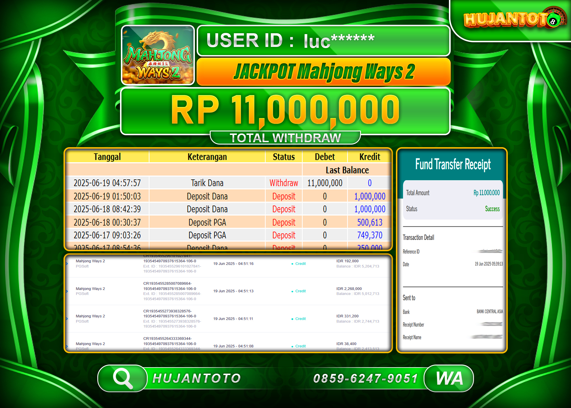 HUJANTOTO - BUKTI JACKPOT MENANG SLOT MAHJONG WAYS 2 Rp.11,000,000 - TERBAYAR LUNAS