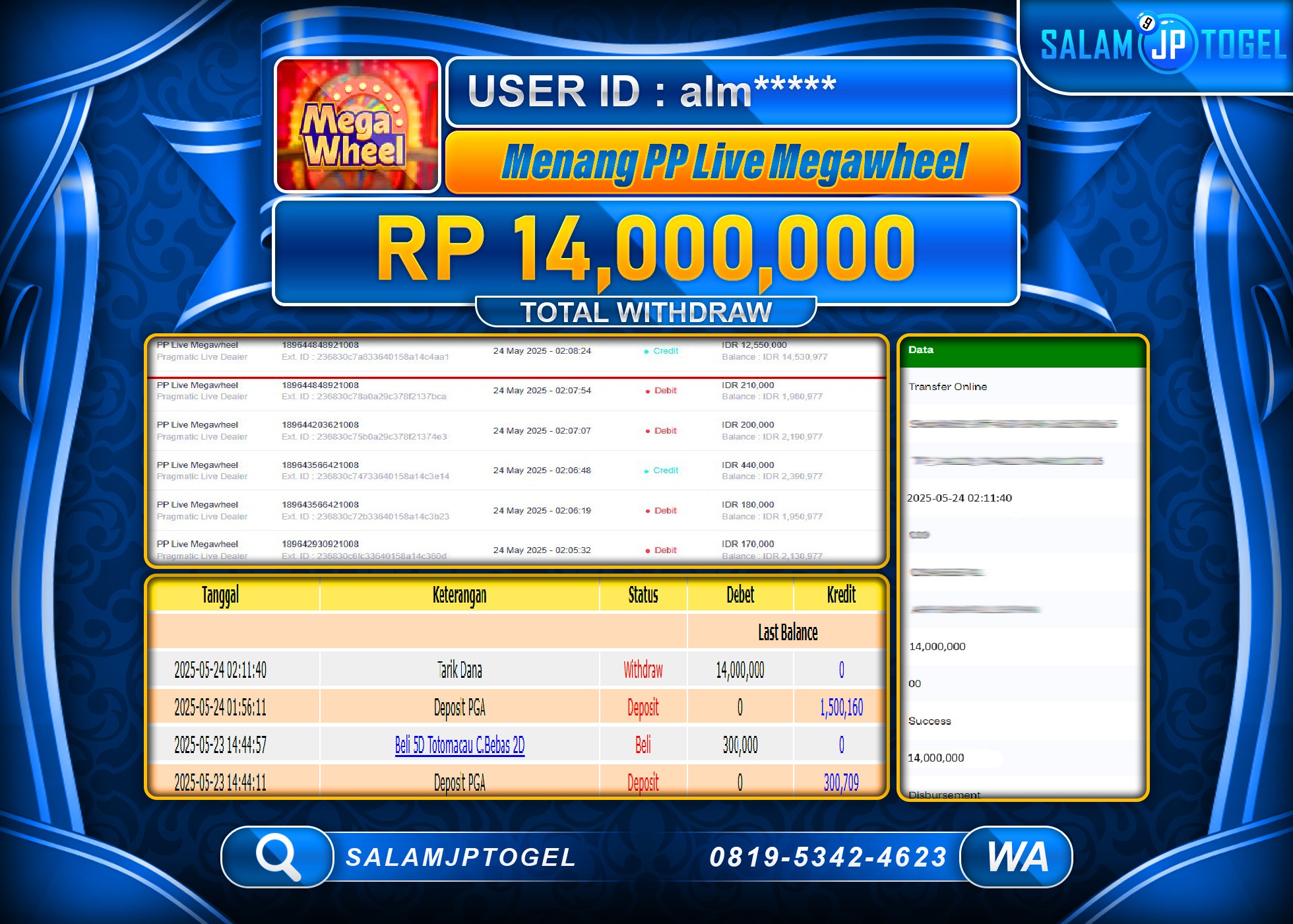 SALAMJPTOGEL MENANG PP LIVE MEGAWHEEL Rp.14,000,000 LUNAS