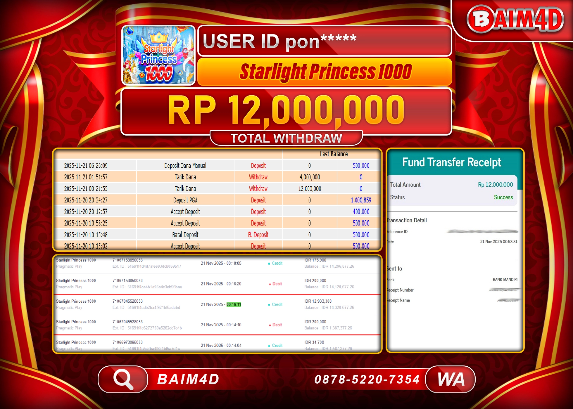 BAIM4D JACKPOT  SLOT STARLIGHT PRINCESS 1000  Rp.12,000,000 - LUNAS