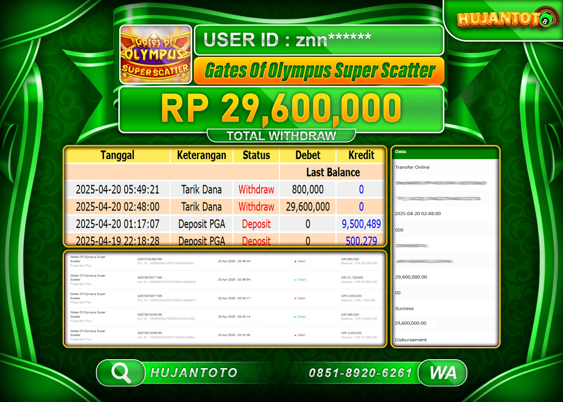 HUJANTOTO - BUKTI JACKPOT MENANG SLOT GATES OF OLYMPUS SUPER SCETTER Rp, 29,600,000  - TERBAYAR LUNAS