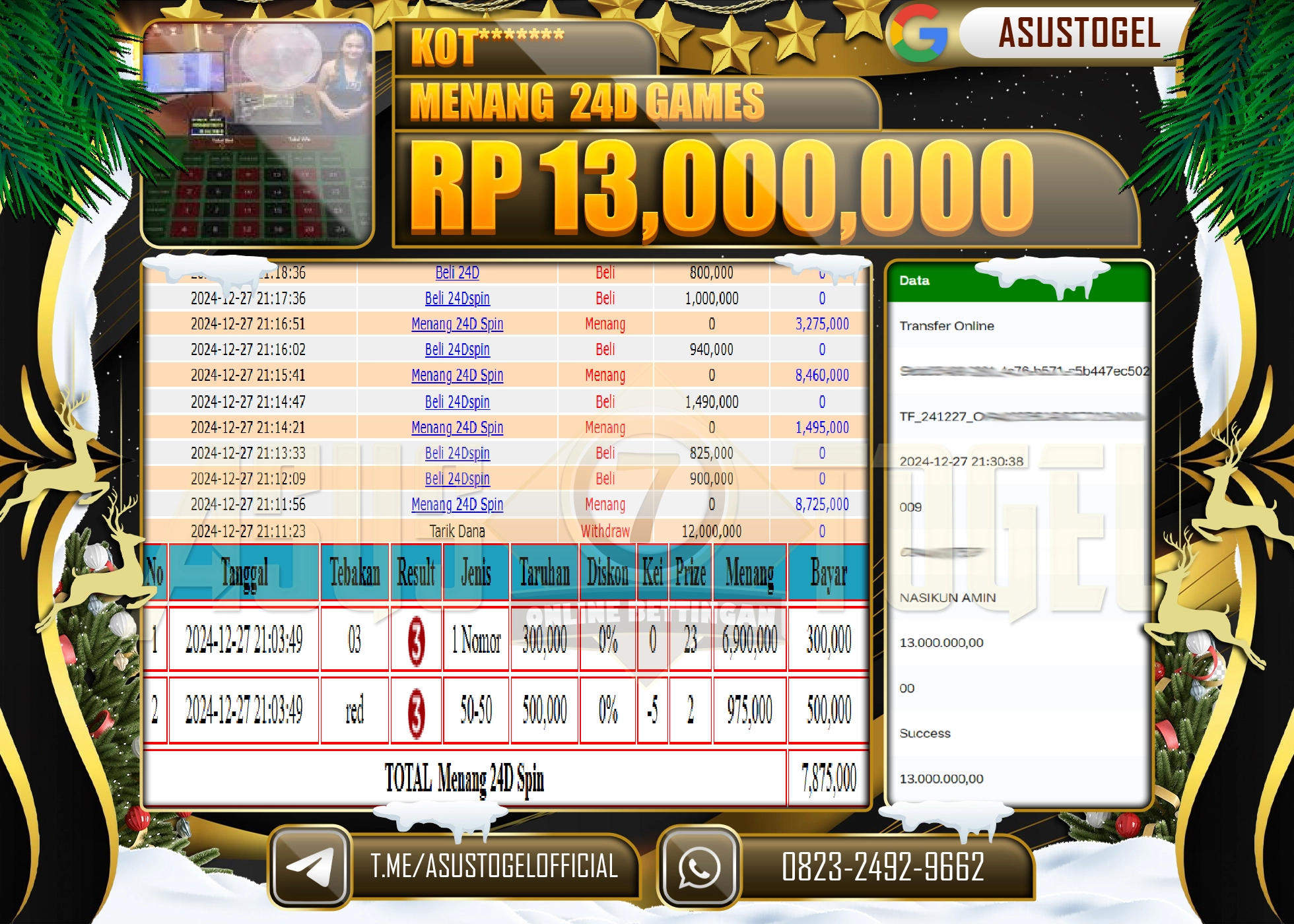 ASUSTOGEL KEMENANGAN DI PERMAINAN LIVEGAME 24D GAMES SEBESAR 13,000,000- RUPIAH LUNAS