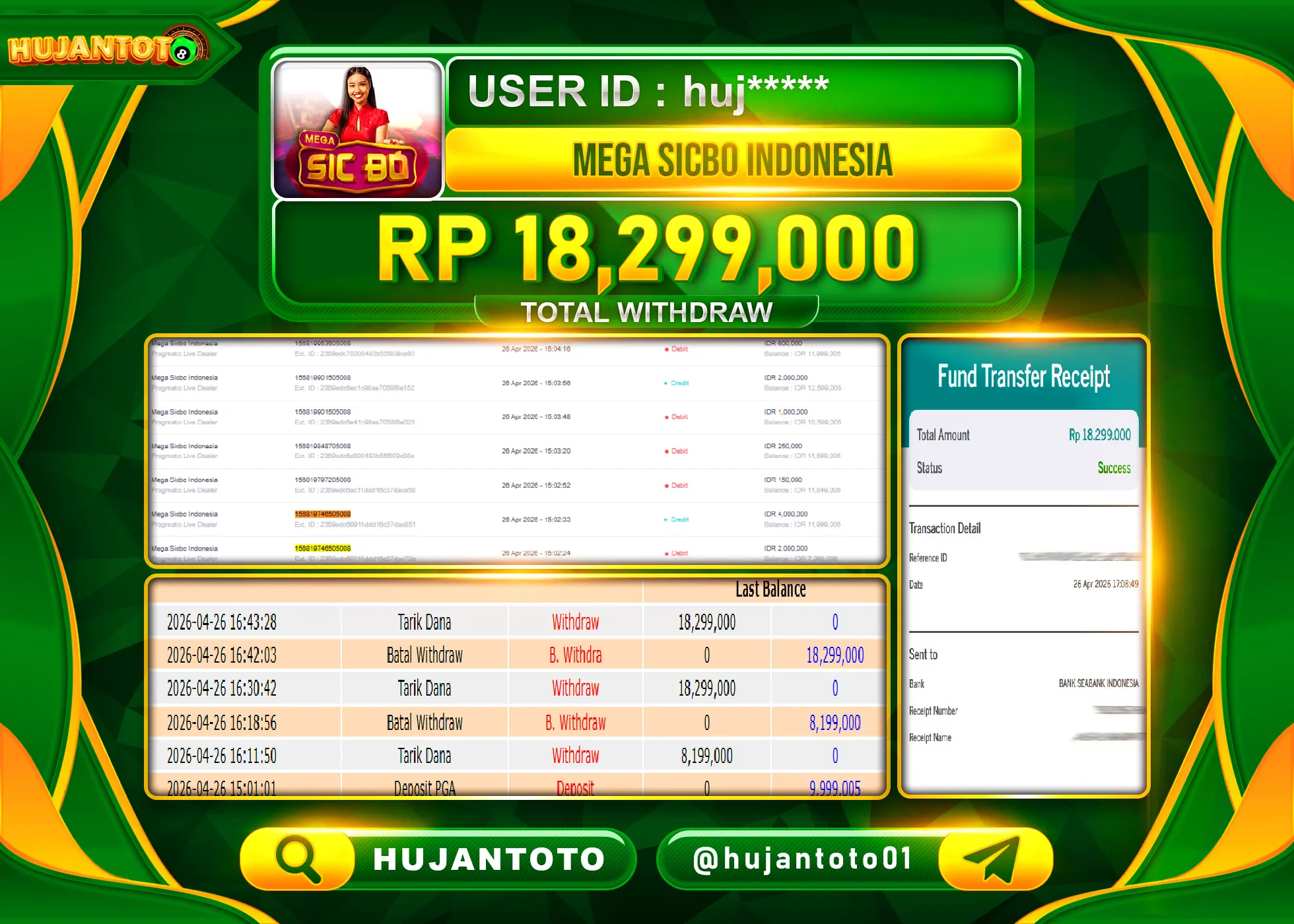 HUJANTOTO - BUKTI JACKPOT MENANG SLOT MEGA SICBO INDONESIA Rp.18,299,000 - TERBAYAR LUNAS