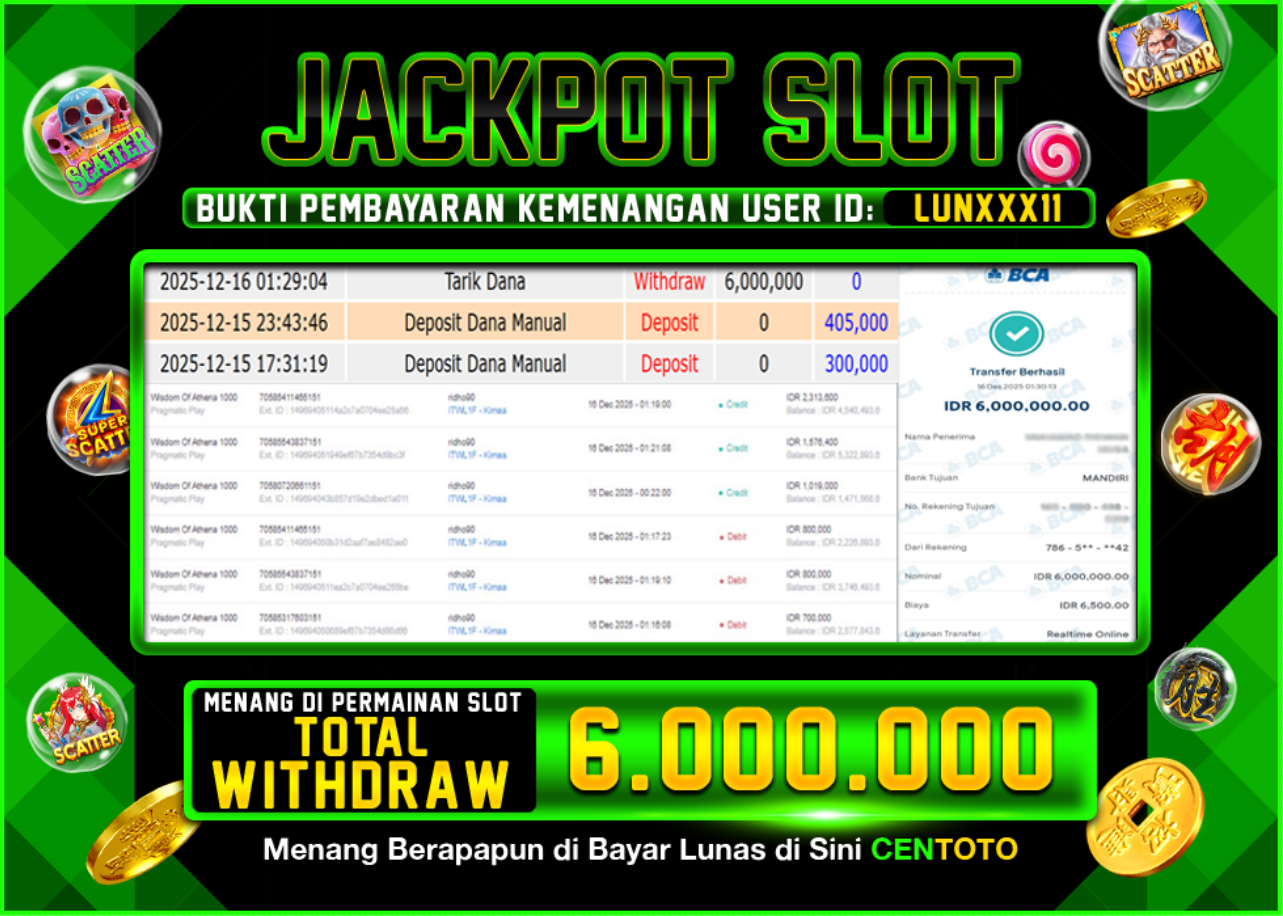 BUKTI JACKPOT SLOT CENTOTO  RP.6.000.000,-LUNAS
