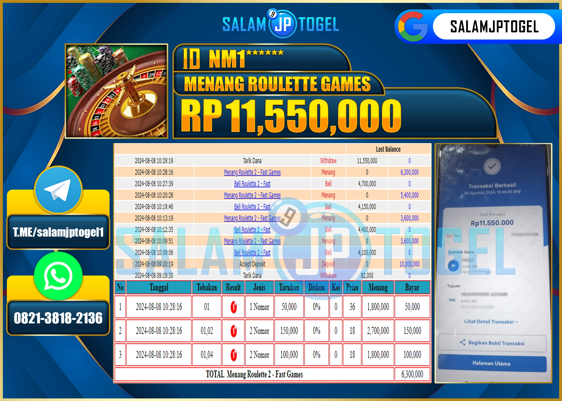 SALAMJPTOGEL MENANG  ROULLETE 2  RP. 11,550,000 LUNAS