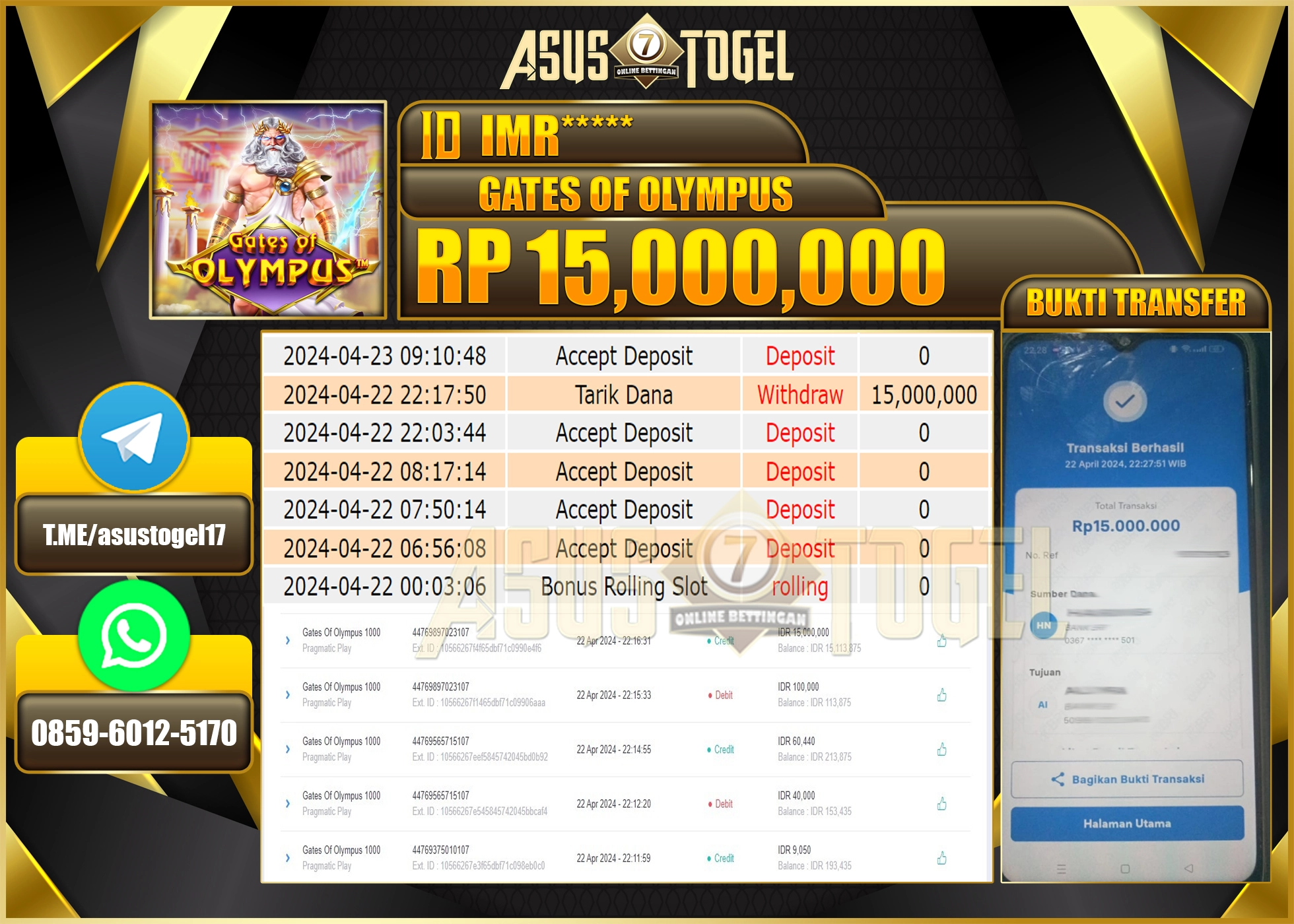 ASUSTOGEL KEMENANGAN BESAR GAME GATES OF OLYMPUS 15.000.000 BERHASIL TERBAYAR LUNAS