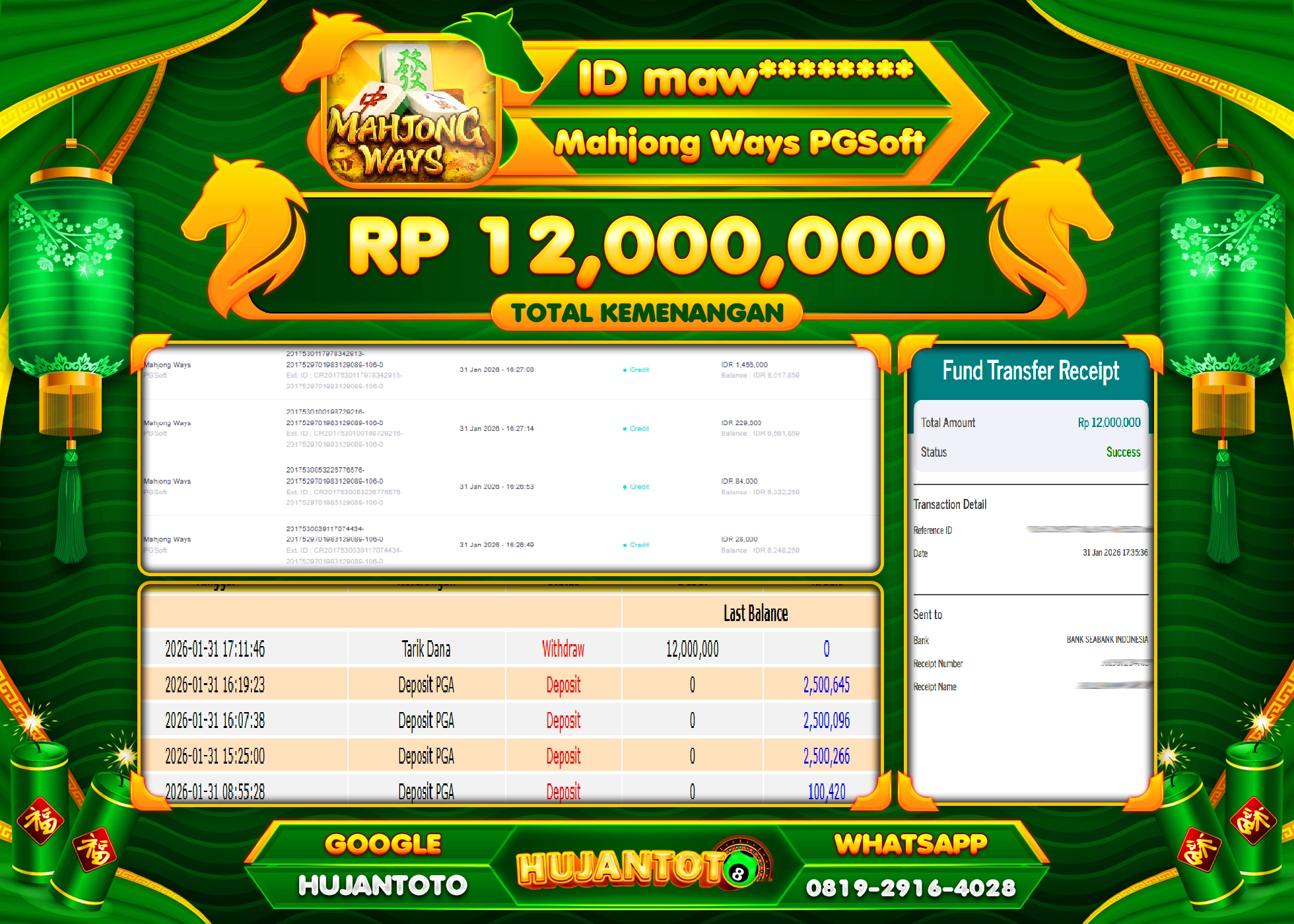 HUJANTOTO - BUKTI JACKPOT MENANG SLOT MAHJONG WAYS Rp.12,000,000 - TERBAYAR LUNAS
