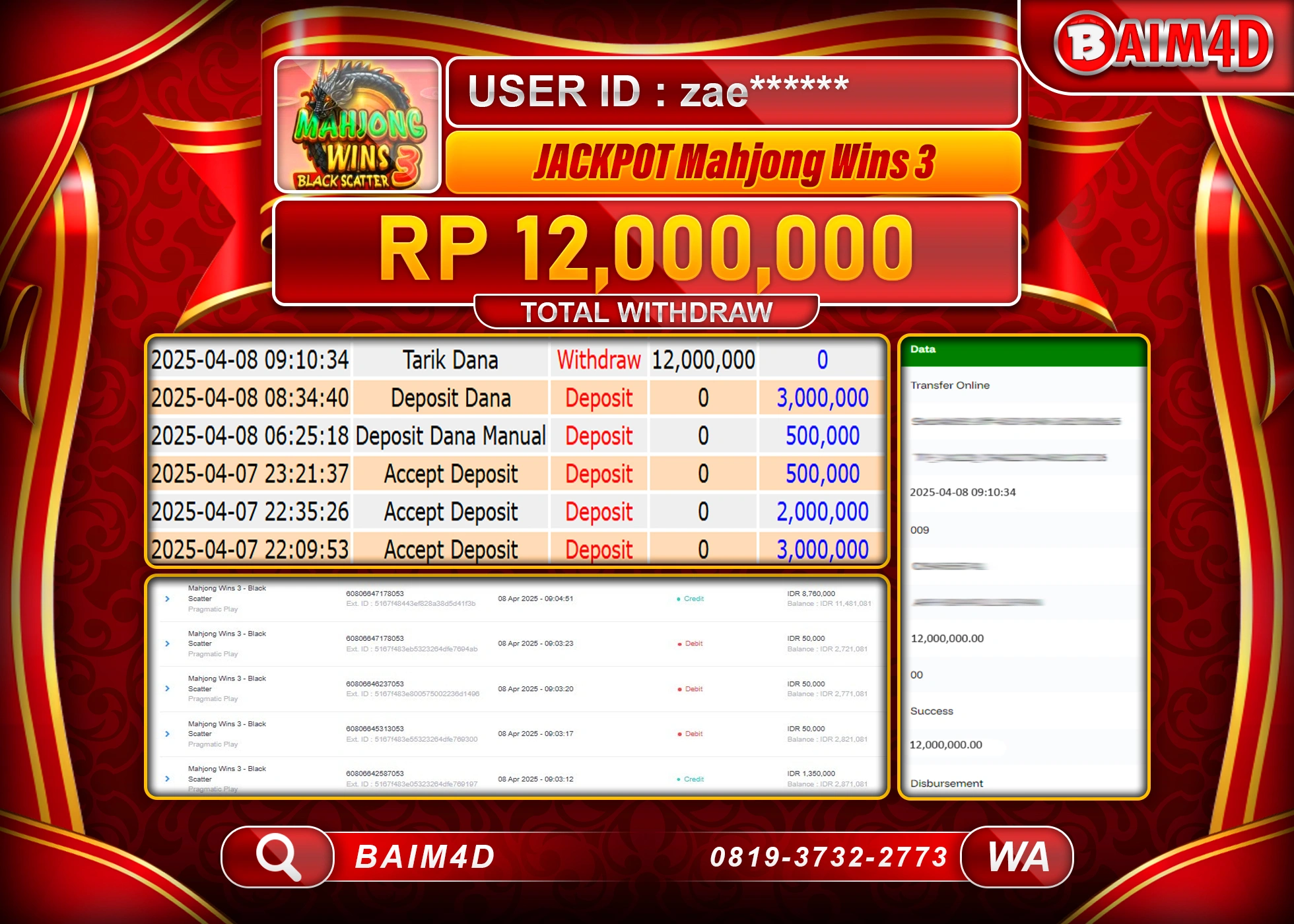 BAIM4D  MENANG JACKPOT MAHJONG WINS 3 Rp.12.000,000.- LUNAS