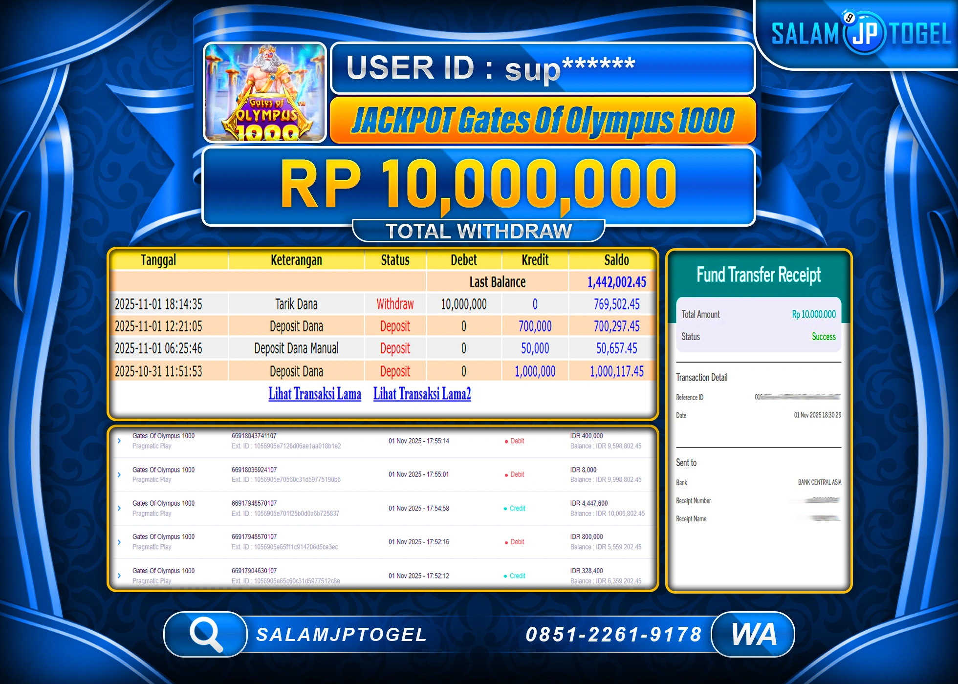 SALAMJPTOGEL MENANG GATES OF OLYMPUS 1000 Rp.10,000,000  - LUNAS