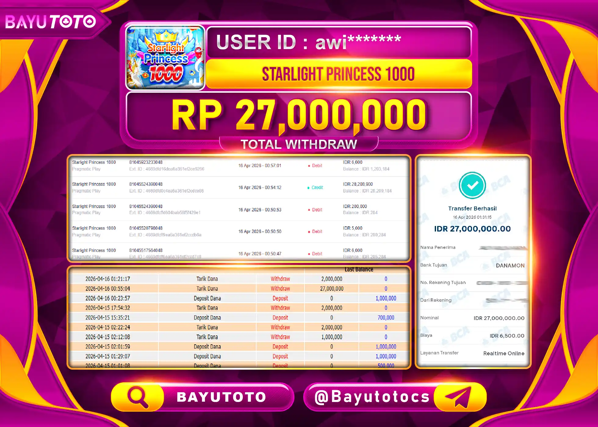 SELAMAT MEMBER BAYUTOTO JACKPOT DI SLOT STARLIGHT PRINCESS 1000 Rp. 27,000,000 LUNAS