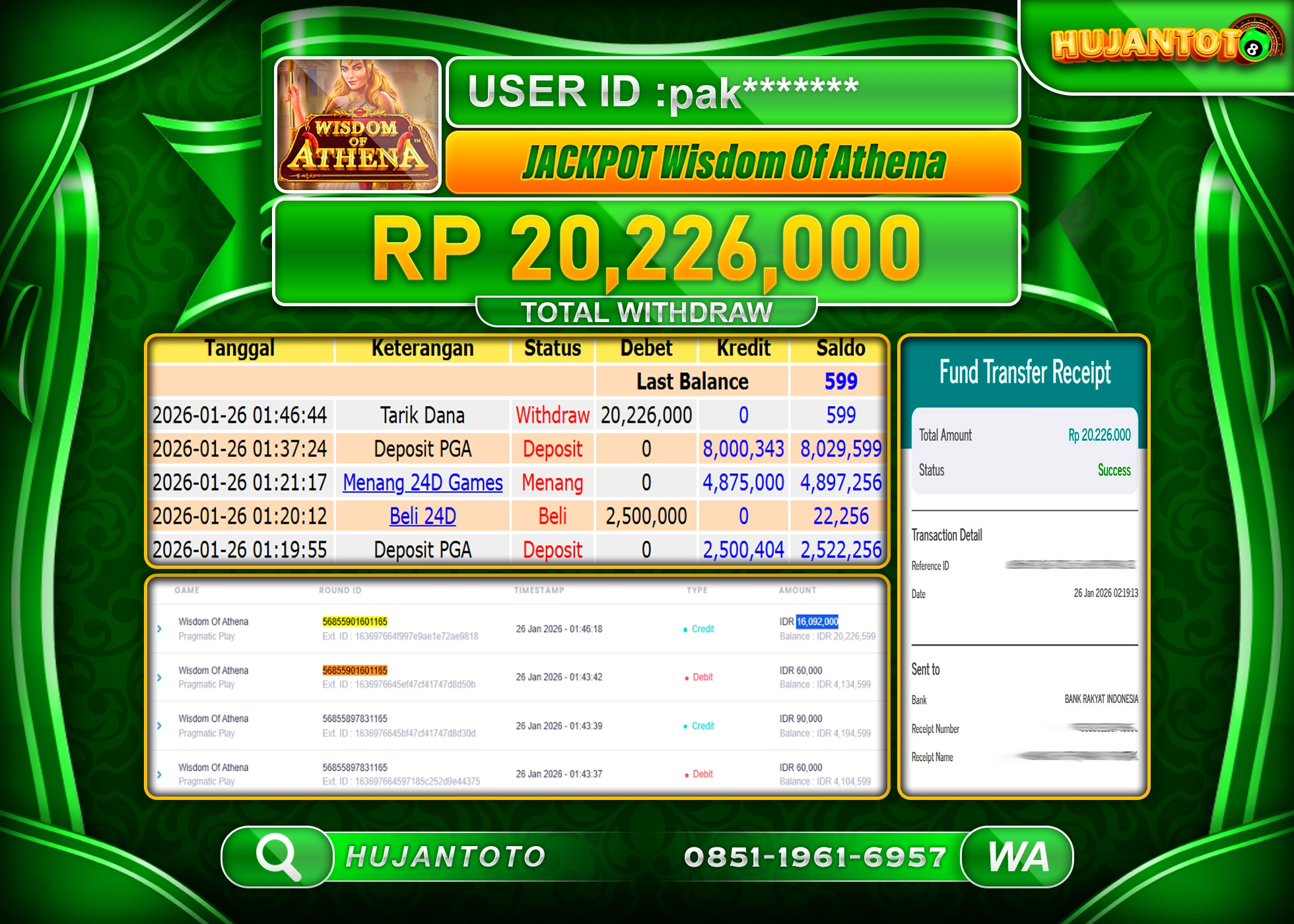 HUJANTOTO - BUKTI JACKPOT MENANG SLOT WISDOM OF ATHENA Rp.20,226,000 - TERBAYAR LUNAS