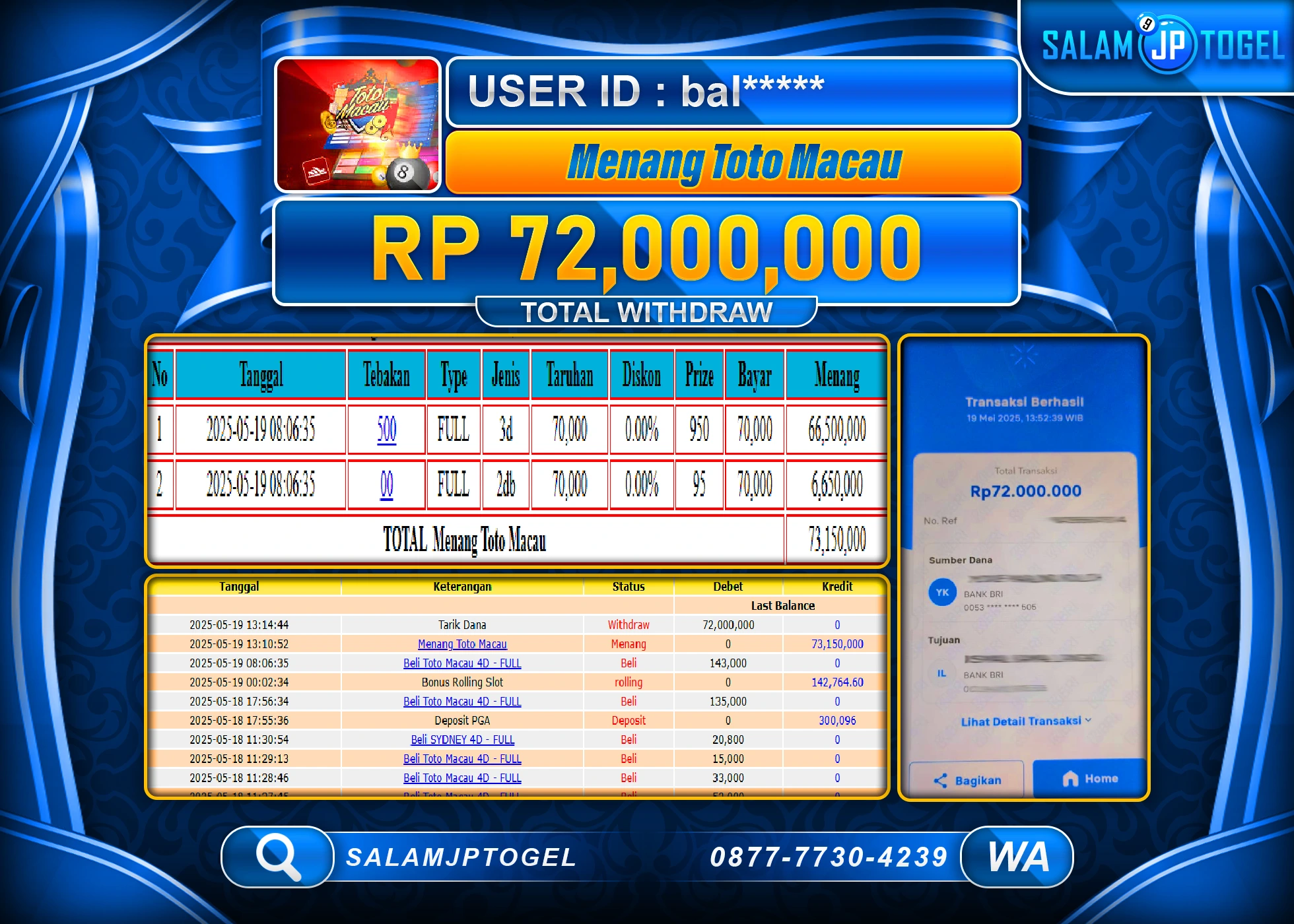 SALAMJPTOGEL MENANG TOTO MACAU Rp.72,000,000 LUNAS