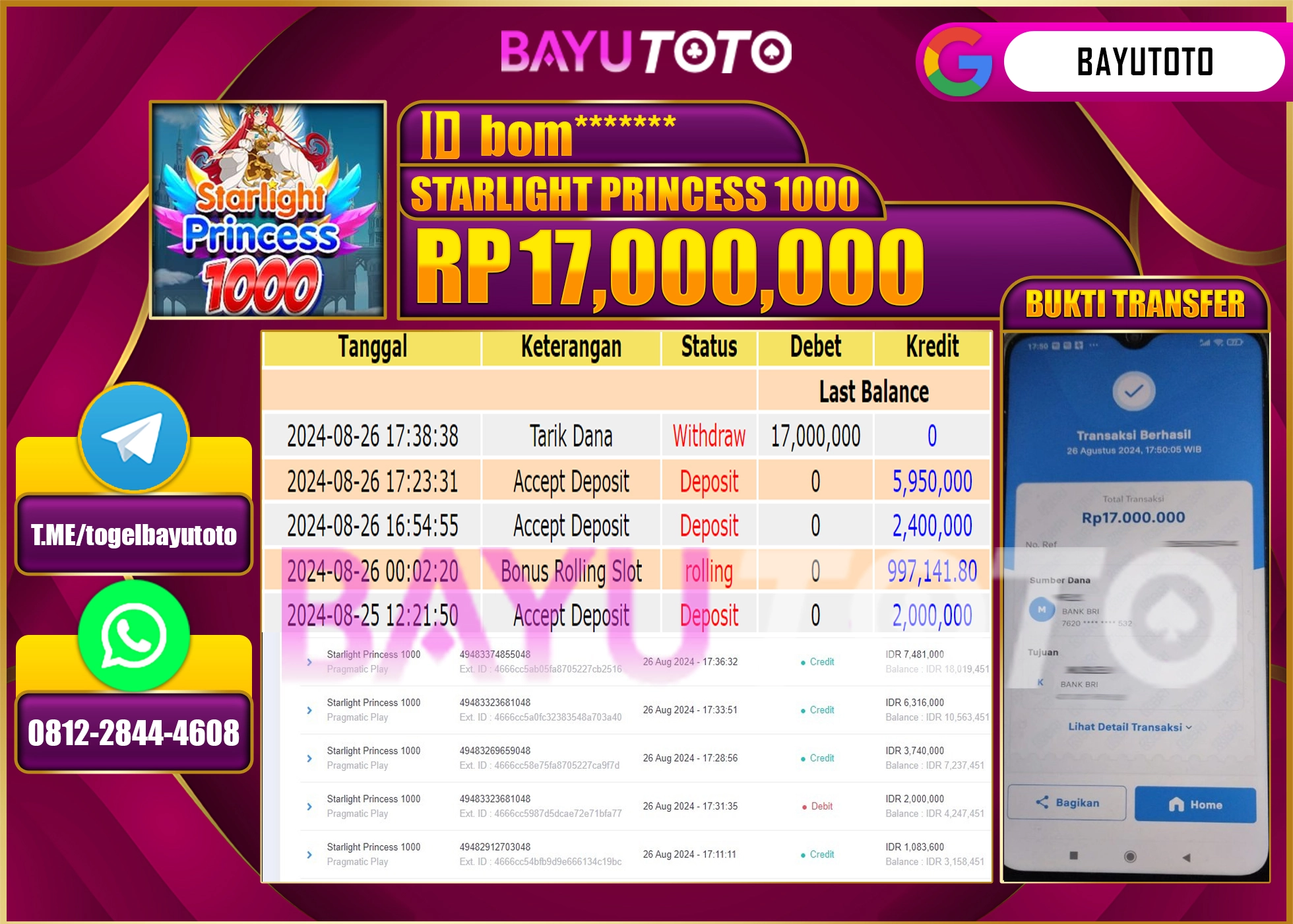 BAYUTOTO MENANG SLOT STARLIGHT PRINCESS 1000 17.000.000 - LUNAS