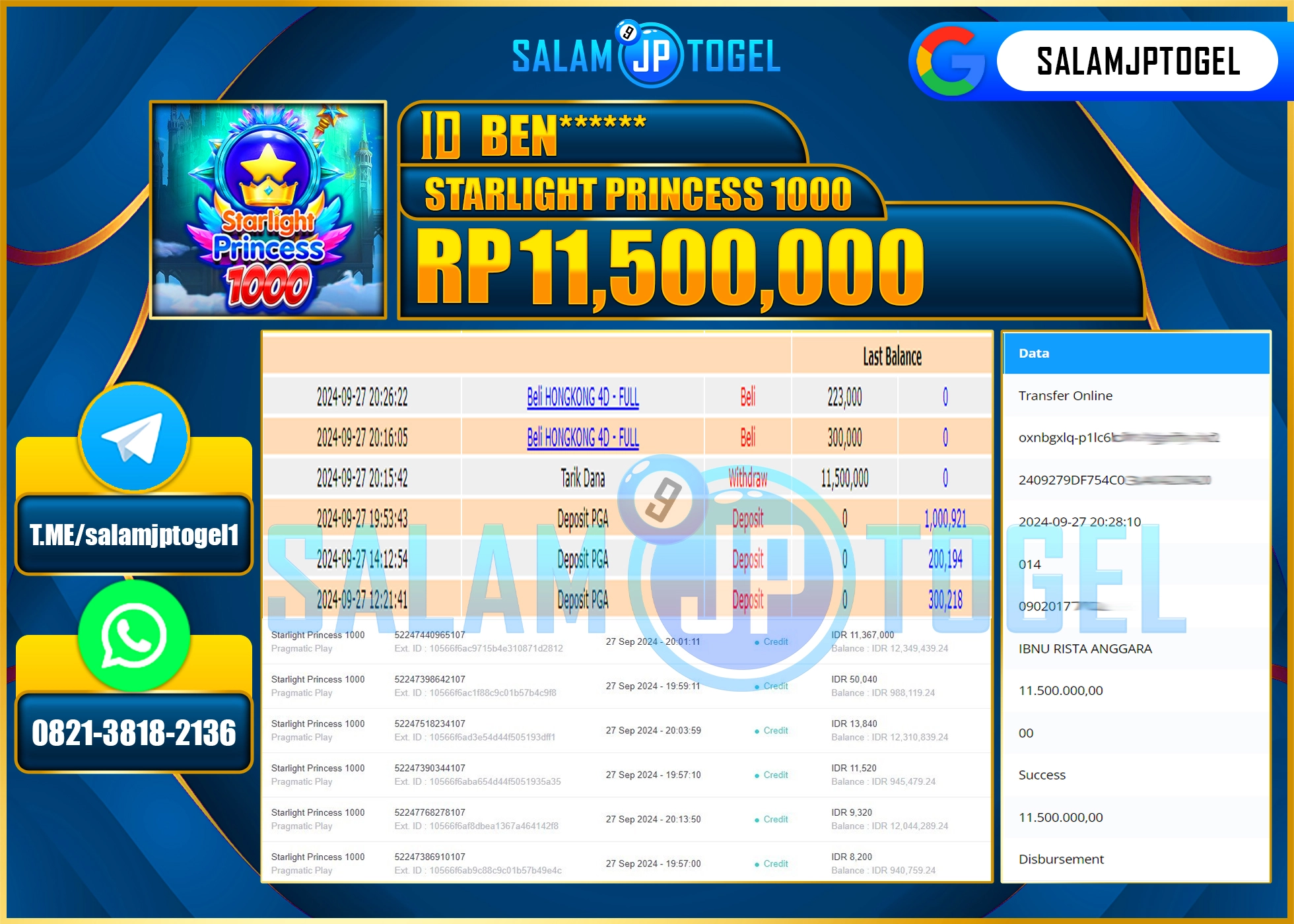 SALAMJPTOGEL MENANG STARLIGHT PRINCESS 1000 RP. 11,500,000 LUNAS