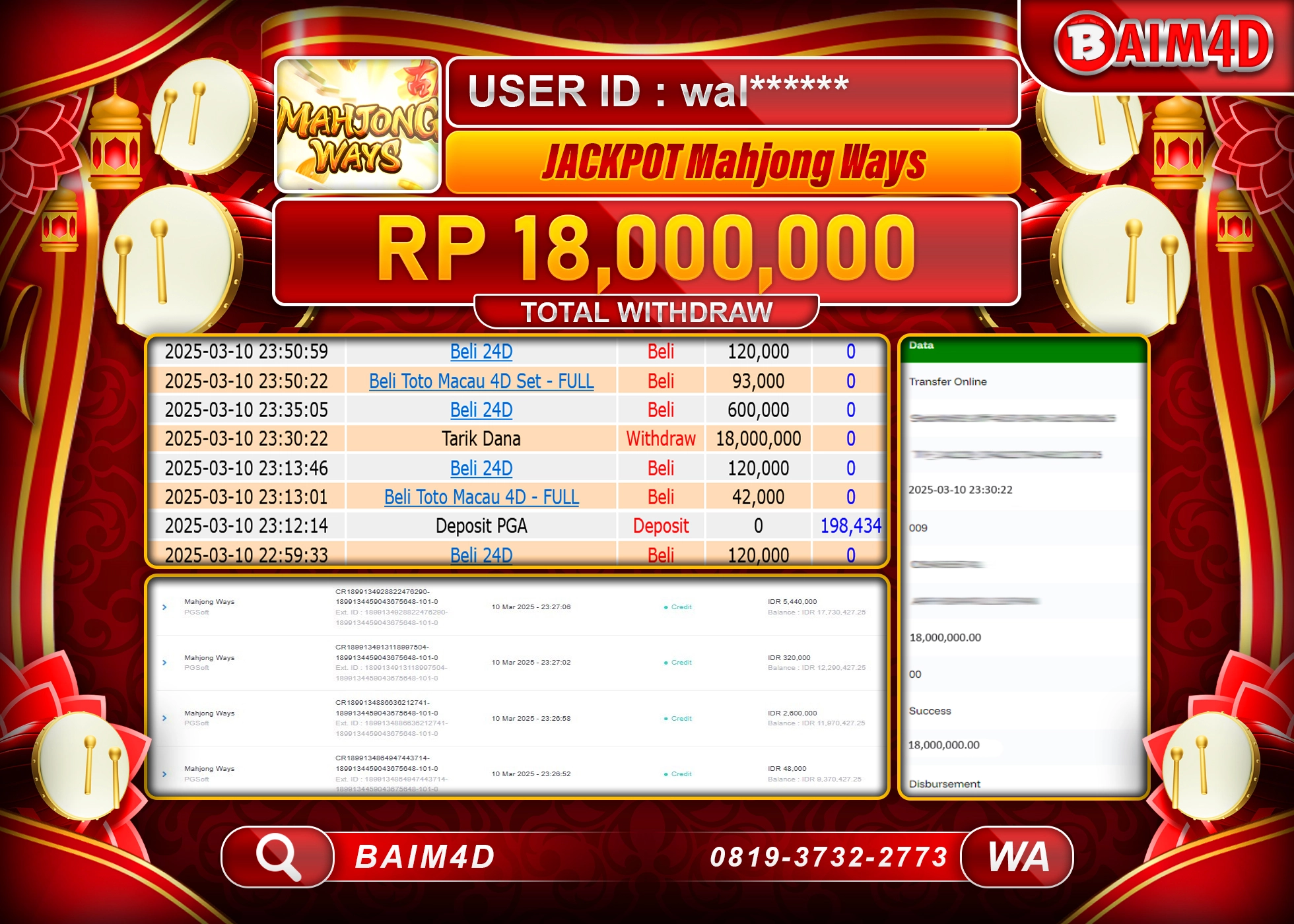 BAIM4D JACKPOT PG SOFT MAHJONG WAYS  Rp.18.000,000.- LUNAS
