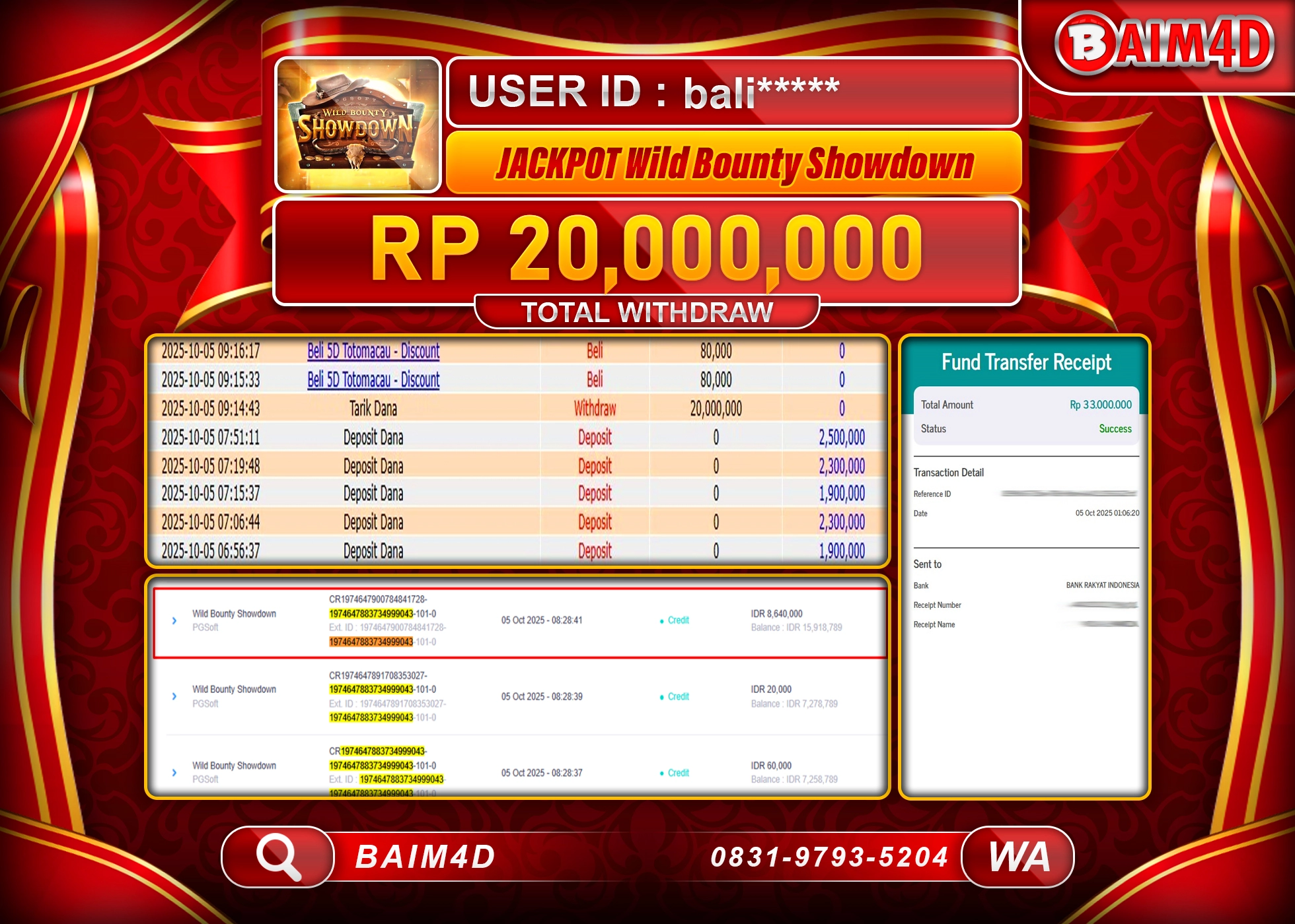 BAIM4D JACKPOT SLOT WILD BOUNTY SHOWDOWN Rp.20,000,000.- LUNAS