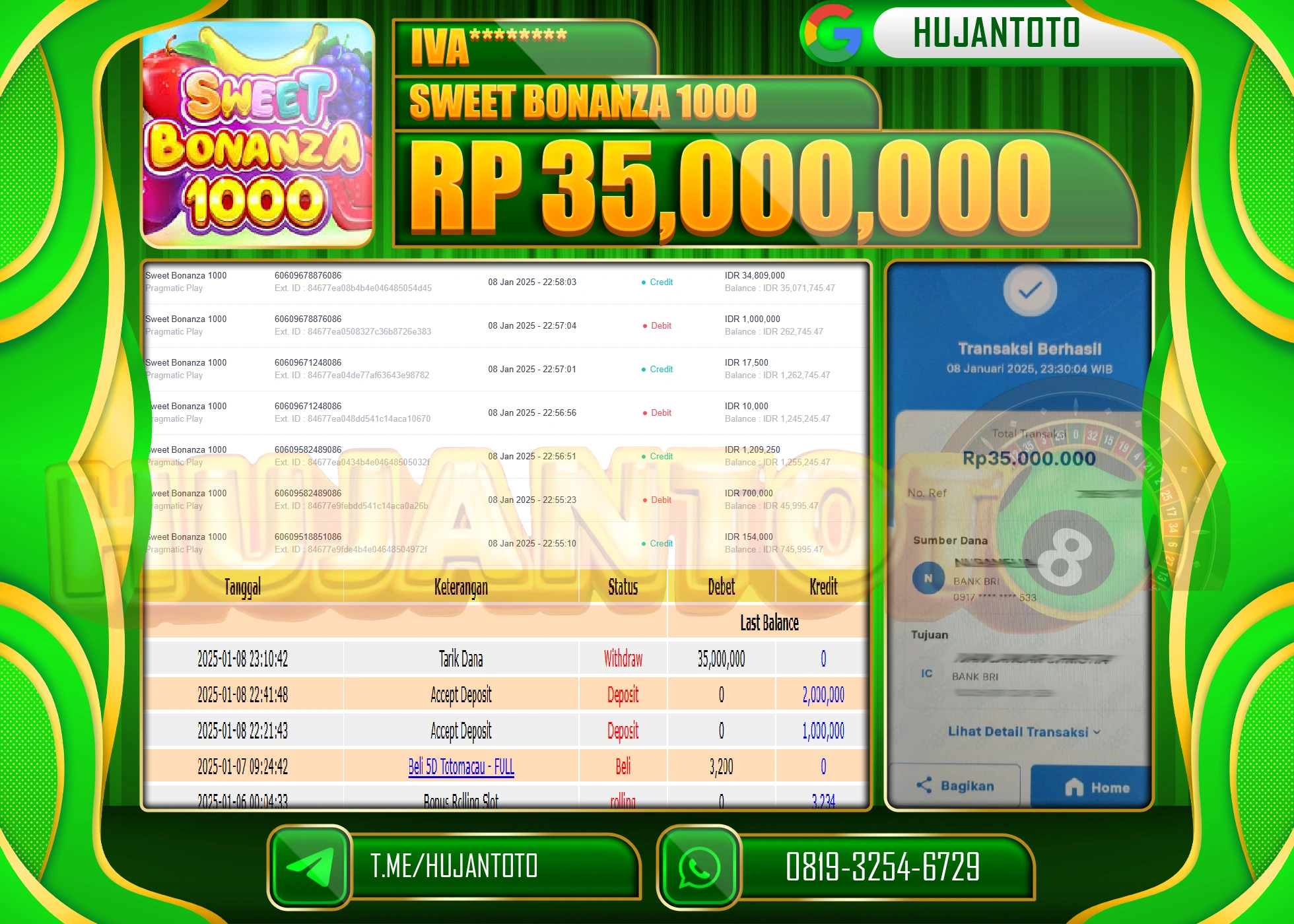 HUJANTOTO - BUKTI JACKPOT DI PERMAINAN SLOT SWEET BONANZA 1000 Rp.35,000,000,- TERBAYAR LUNAS