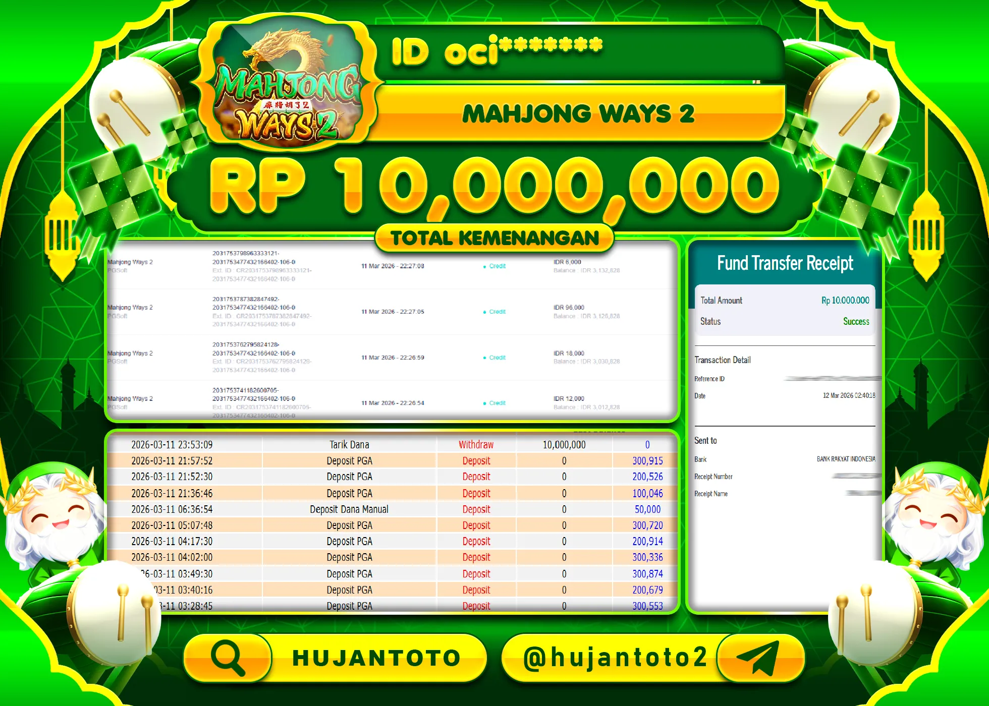 HUJANTOTO - BUKTI JACKPOT MENANG SLOT MAHJONG WAYS 2 Rp.10,000,000 - TERBAYAR LUNAS