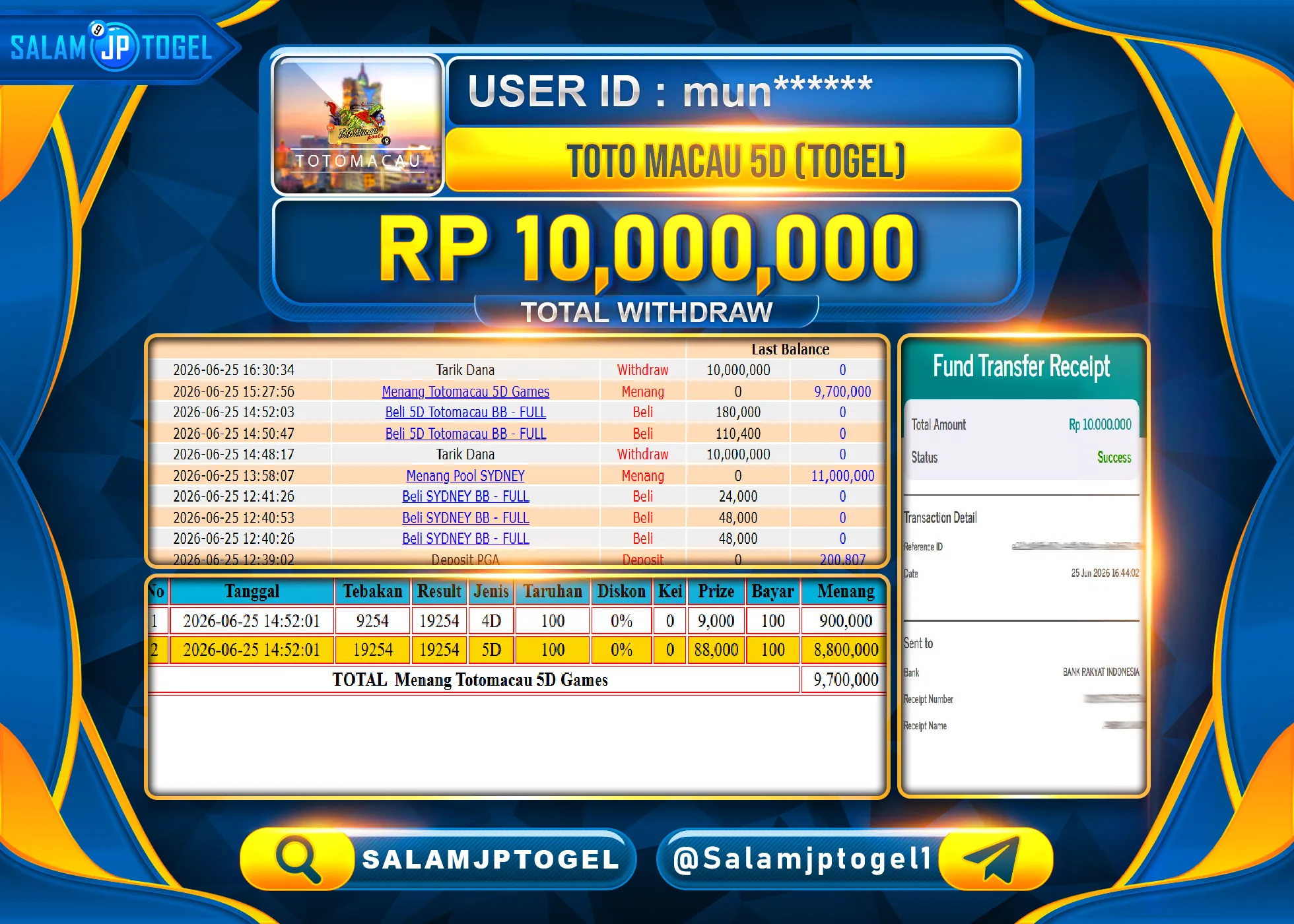 SALAMJPTOGEL MENANG TOGEL JACKPOT TOTO MACAU 5D Rp.10,000,000- LUNAS