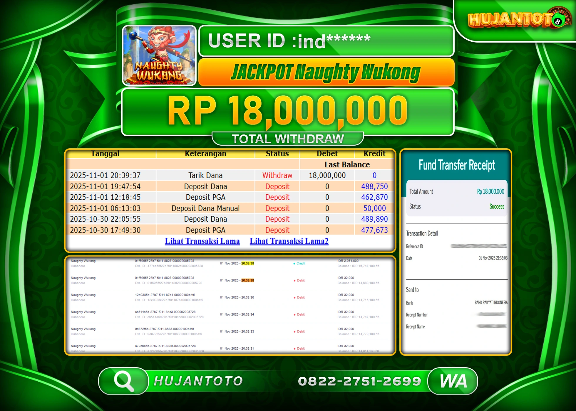 HUJANTOTO - BUKTI JACKPOT MENANG SLOT NAUGHTY WUKONG Rp.18,000,000 - TERBAYAR LUNAS
