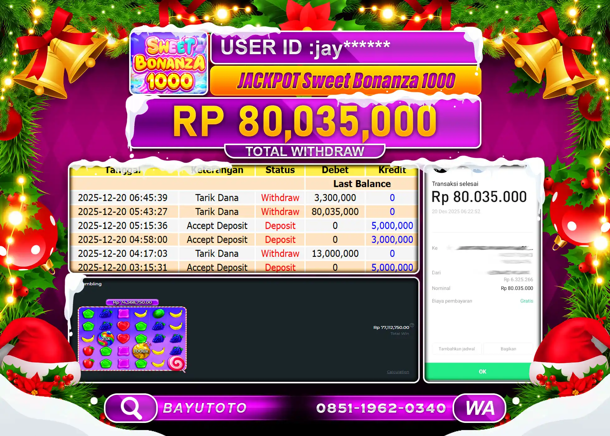 SELAMAT MEMBER SETIA BAYUTOTO JACKPOT DI SLOT SWEET BONANZA 1000 Rp. 80,035,000 LUNAS