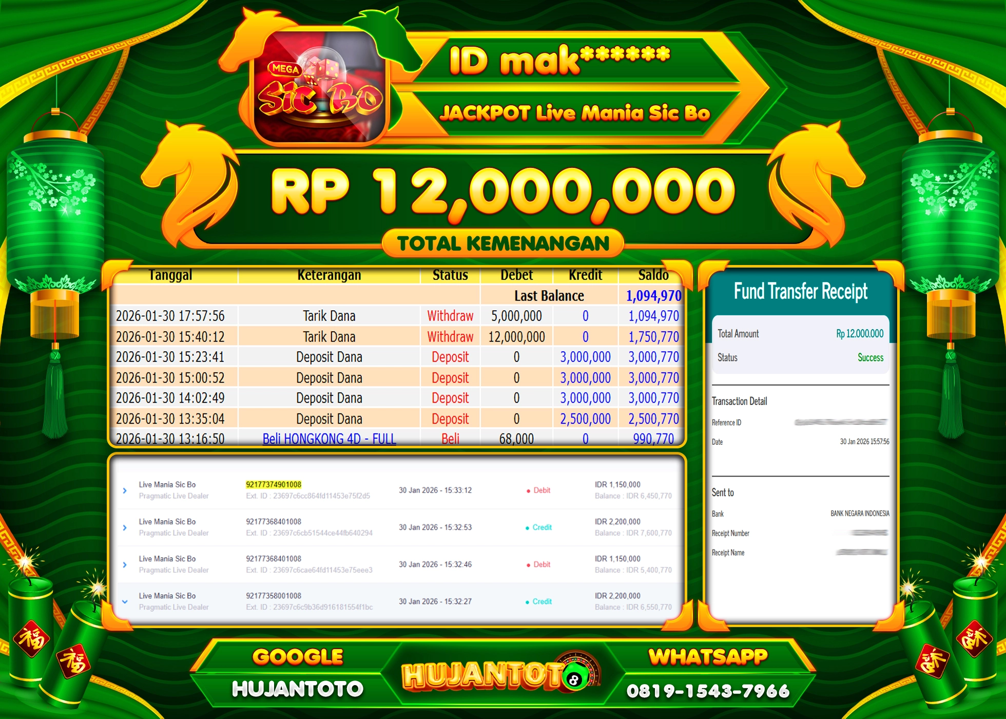 HUJANTOTO - BUKTI JACKPOT MENANG LIVEGAME MANIA SICBO Rp.12,000,000 - TERBAYAR LUNAS