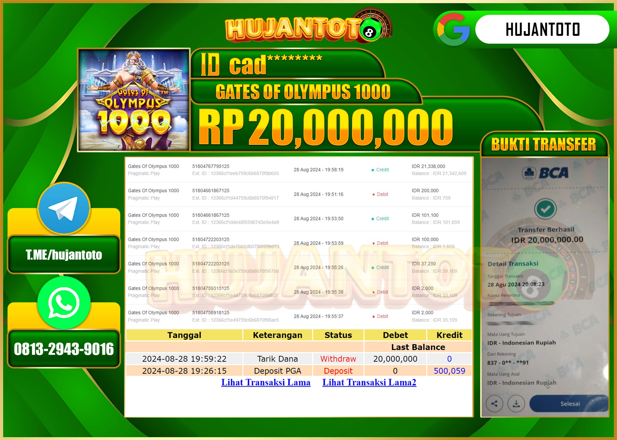 HUJANTOTO MENANG BESAR DI PERMAINAN GATES OF OLYMPUS 1000, 20.000.000 - LUNAS 