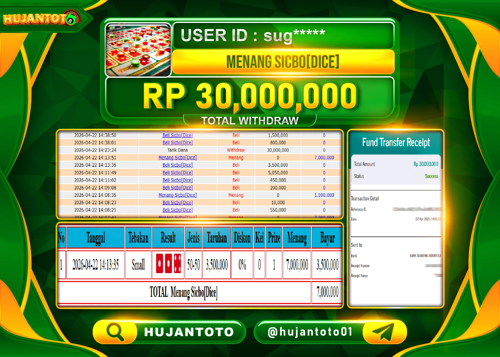 HUJANTOTO - BUKTI JACKPOT MENANG LIVEGAME SICBO DICE Rp.30,000,000 - TERBAYAR LUNAS