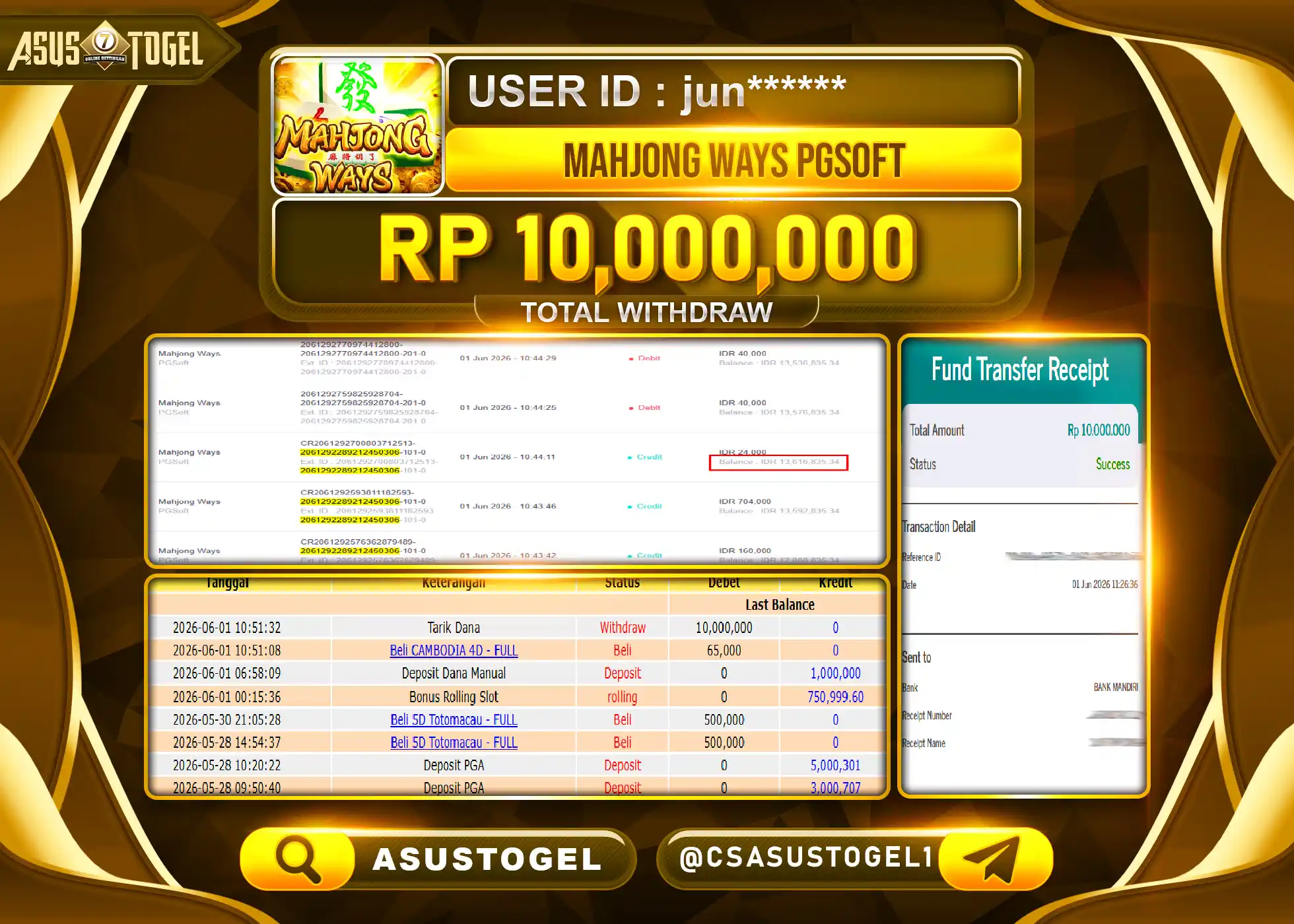 ASUSTOGEL KEMENANGAN JACKPOT PERMAINAN SLOT MAHJONG WAYS Rp.10,000,000 - RUPIAH LUNAS