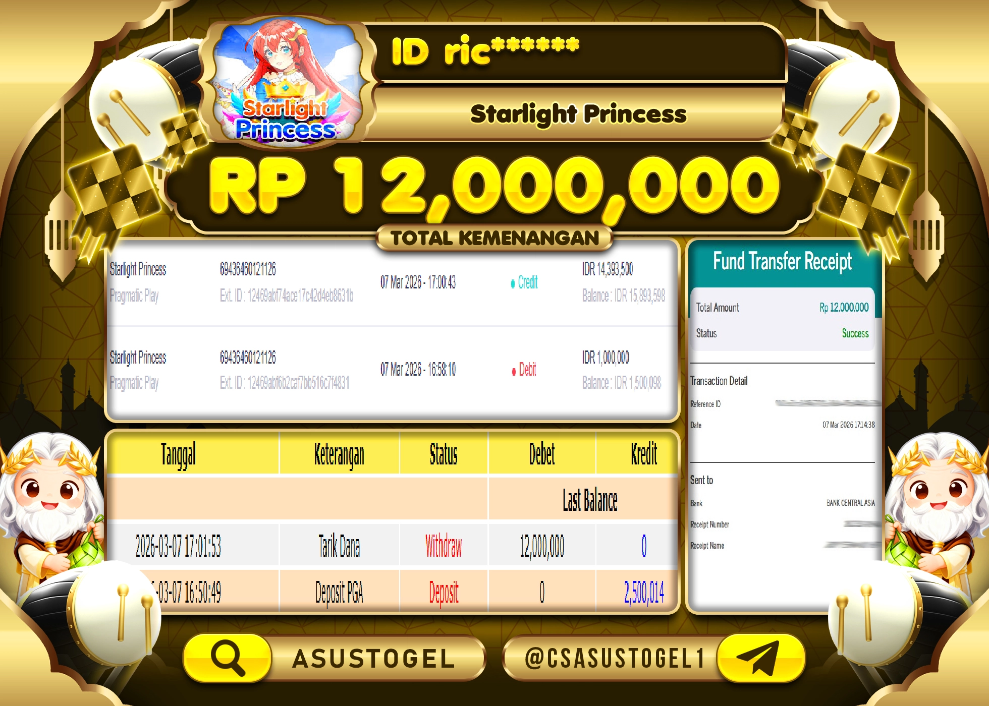 ASUSTOGEL KEMENANGAN DI SLOT STARLIGHT PRINCESS SEBESAR 12,000,000 - RUPIAH LUNAS