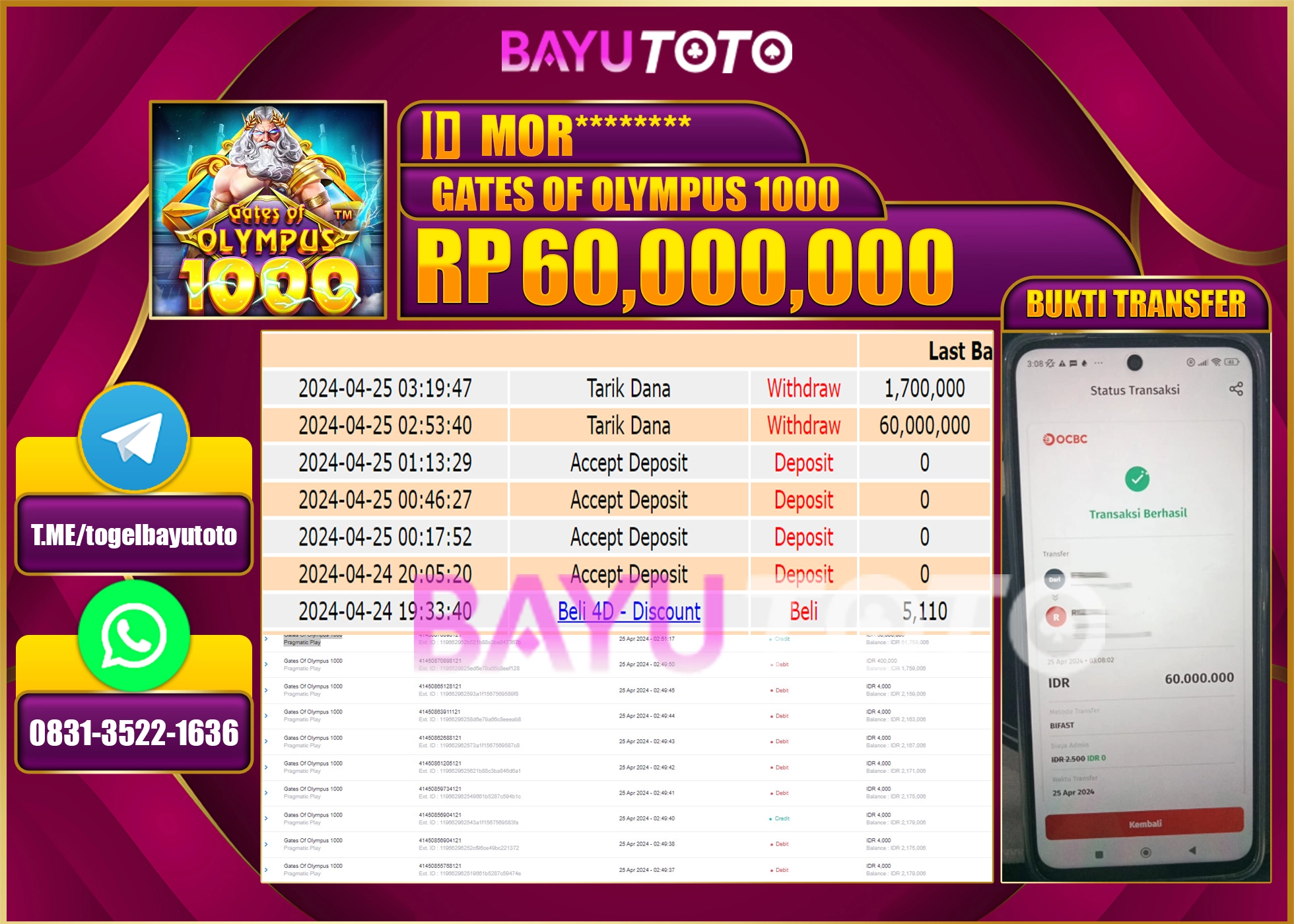 BAYUTOTO JACKPOT  GATES OF OLYMPUS 1000 Rp.60.000.000 LUNAS